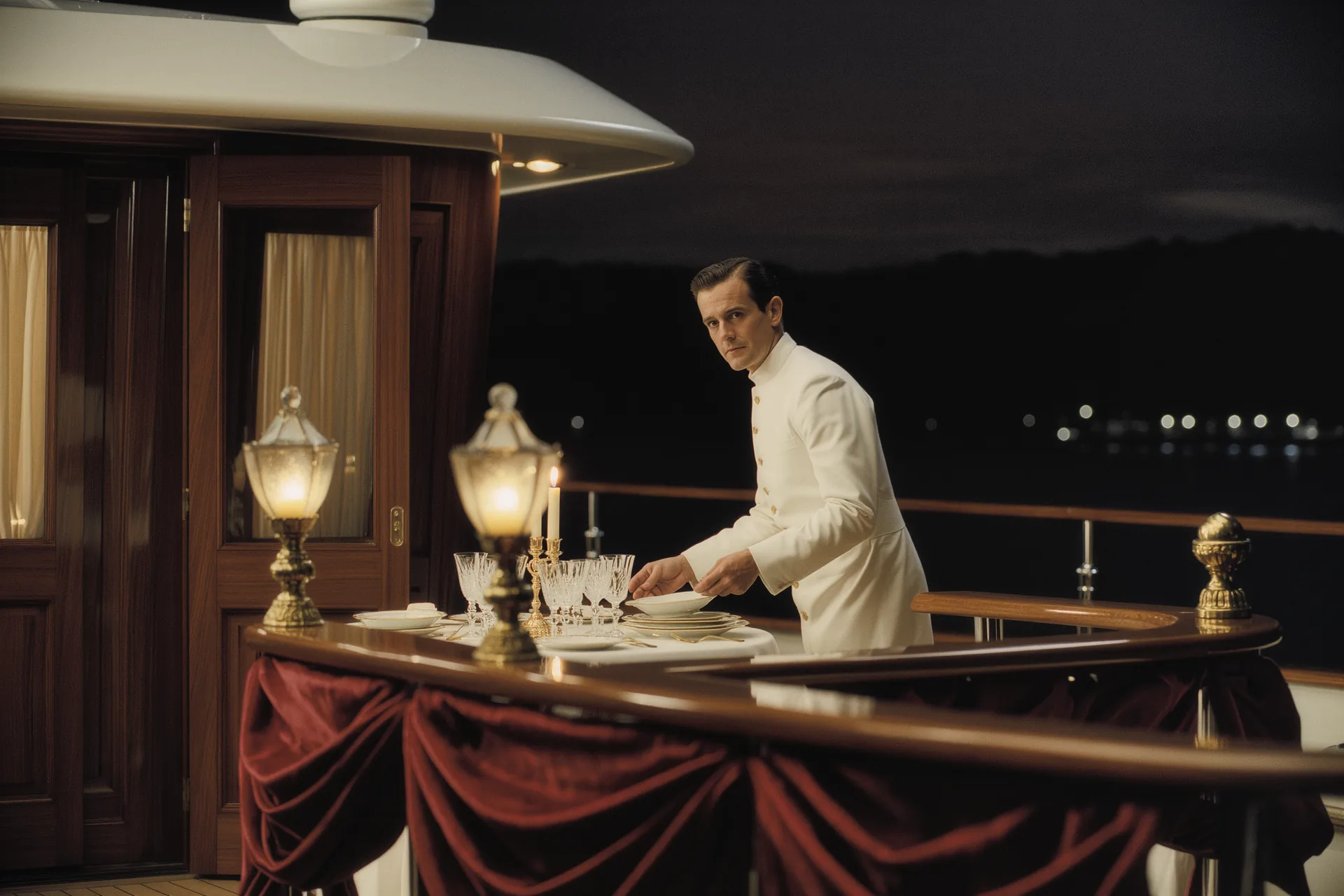 Membre d'équipage en uniforme blanc dressant une table sur le pont d'un yacht