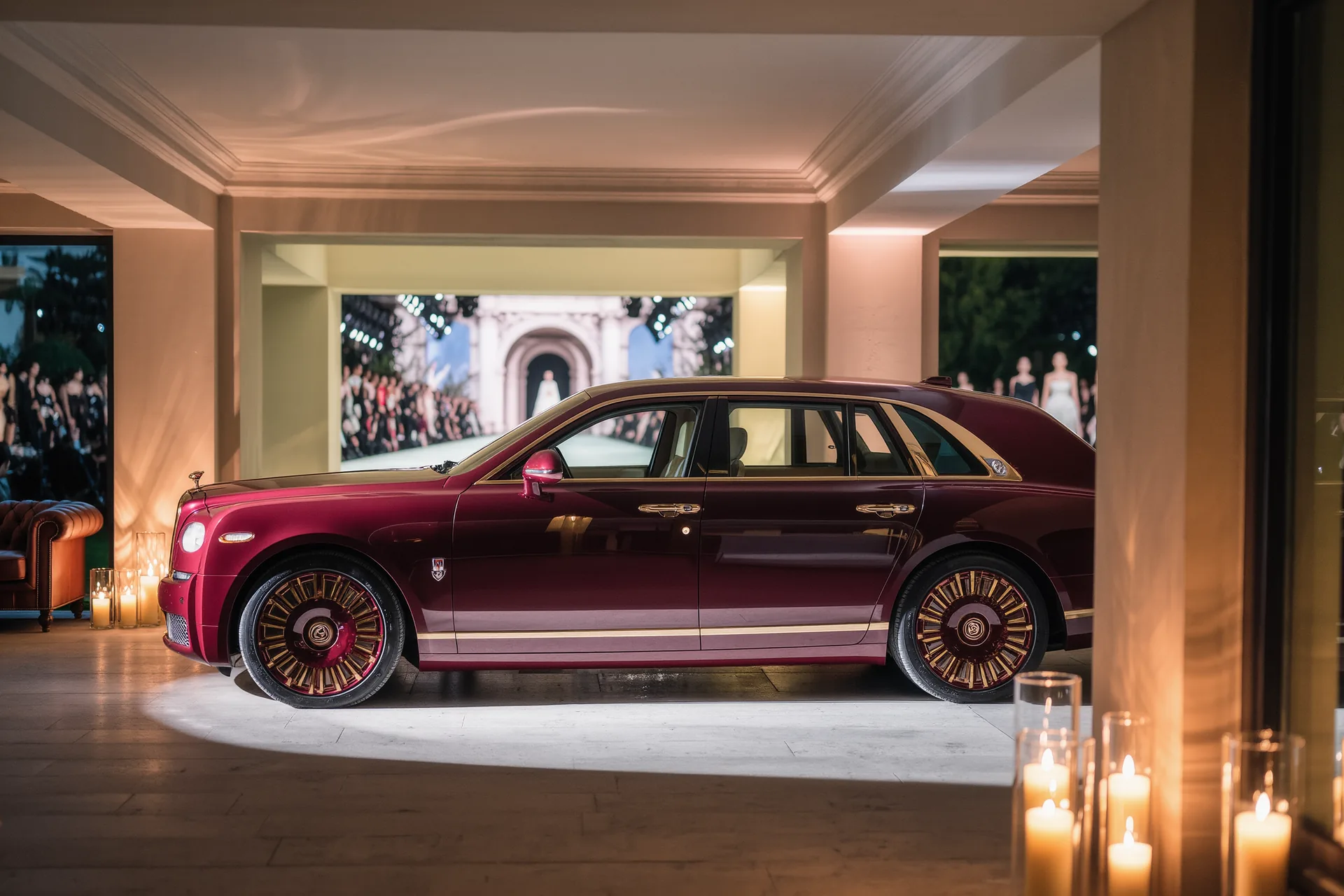 Profil d'une grand tourisme de collection garée dans un garage privé au soir tombant
