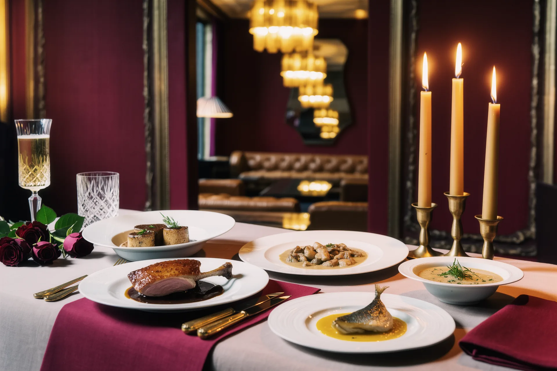 Salle à manger gastronomique épurée, dressée avec précision, lumière tamisée et vaisselle raffinée