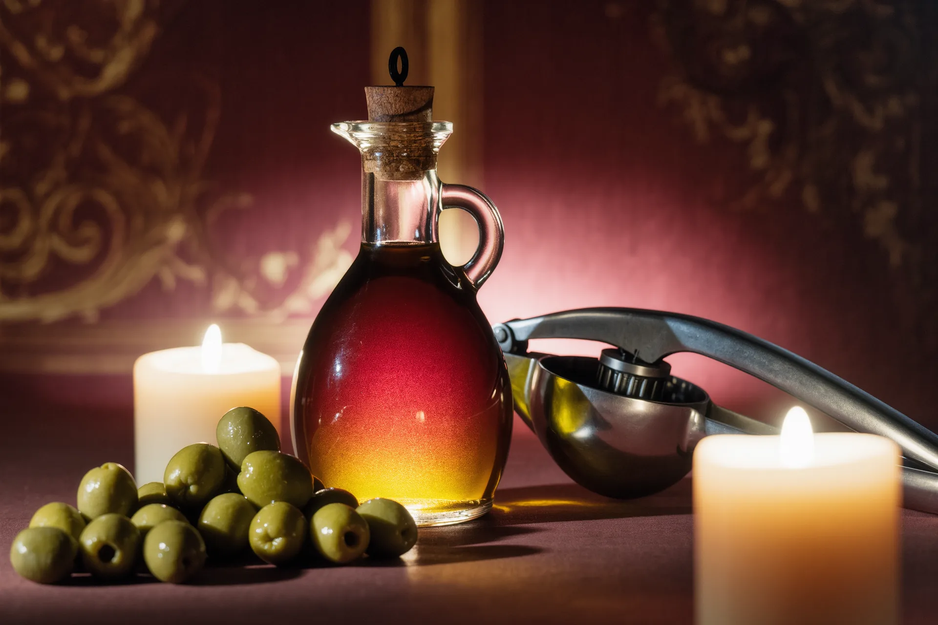 Bouteille d'huile d'olive en verre teinté posée près d'olives fraîches et d'un pressoir