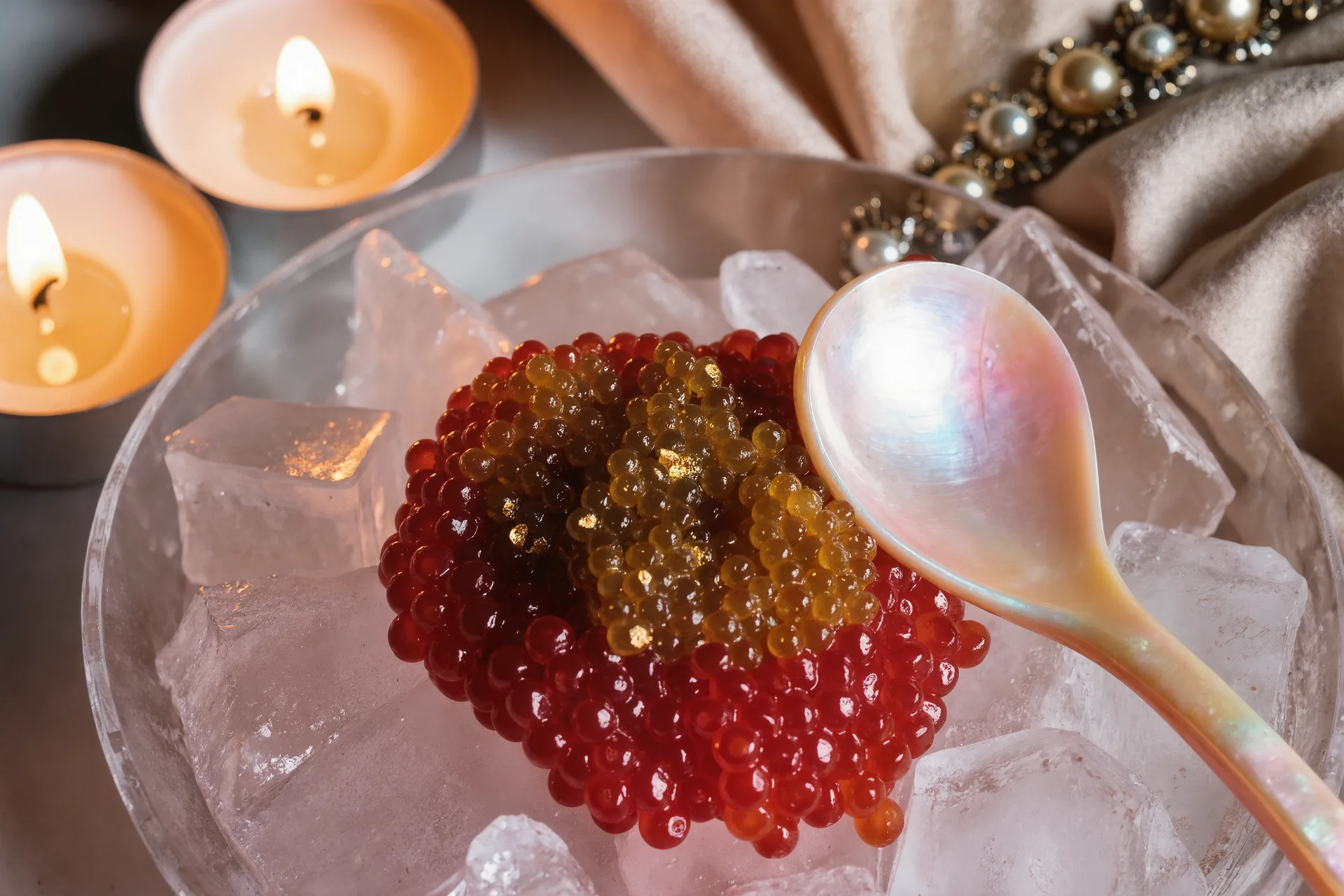 Assortiment de caviars aux teintes contrastées, servi à la cuillère de nacre sur glace