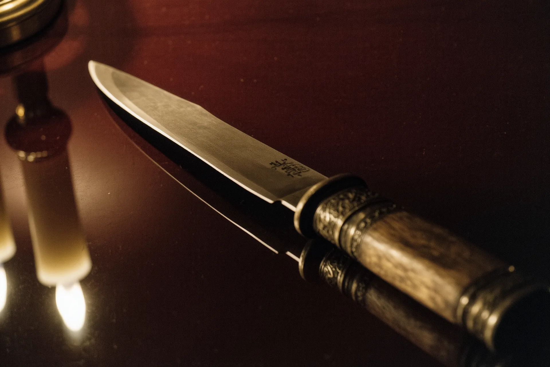 Couteau de chef en gros plan, lame et manche sous une lumière rasante