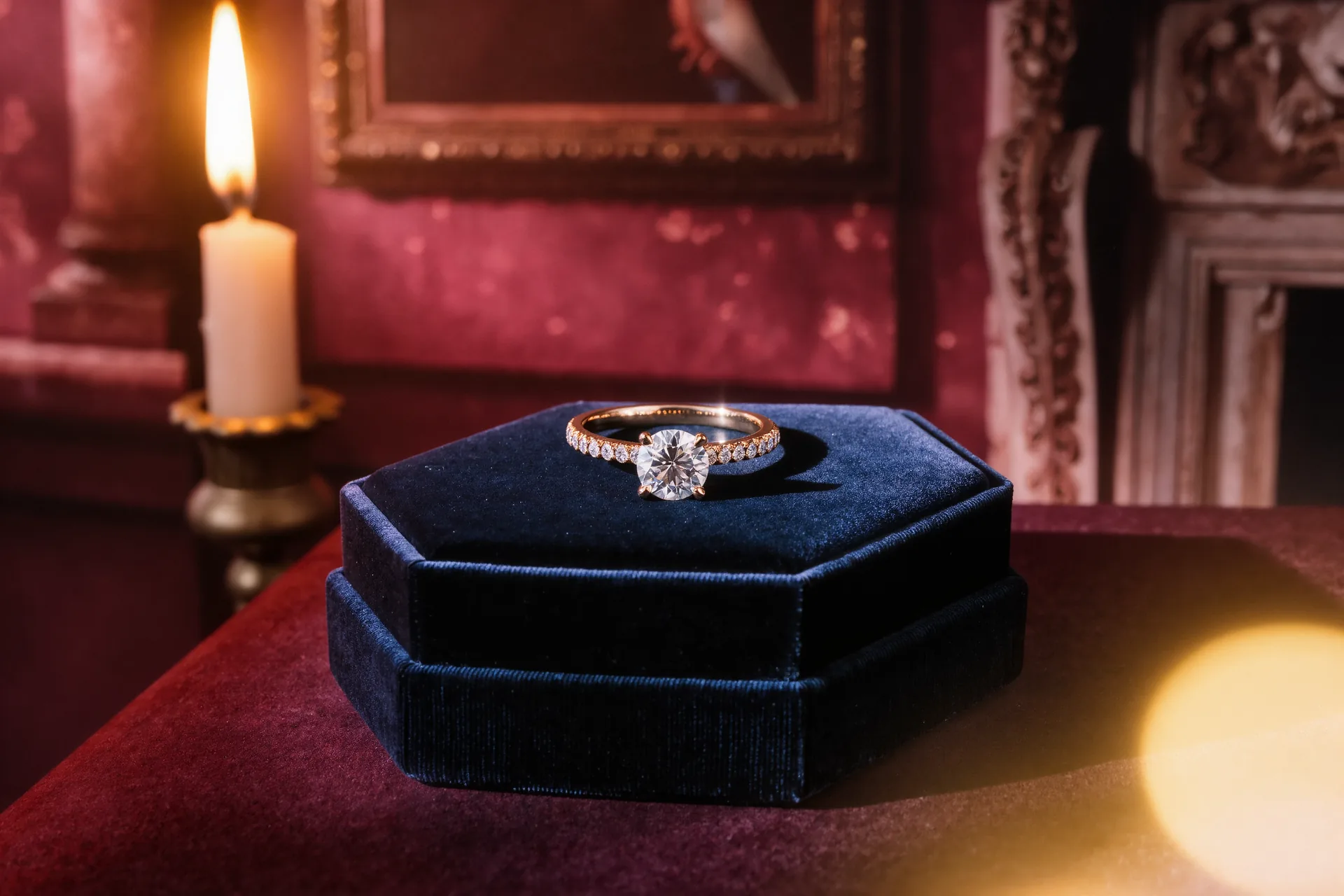 Bague de fiançailles sertie d'un diamant solitaire posée sur un écrin de velours sombre.