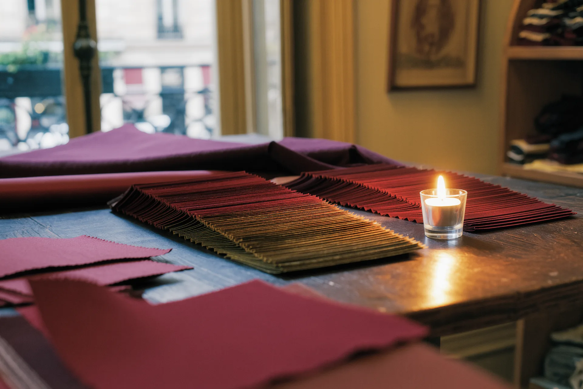 Nuancier de tissus colorés disposés sur une table d'atelier, lumière naturelle et douce