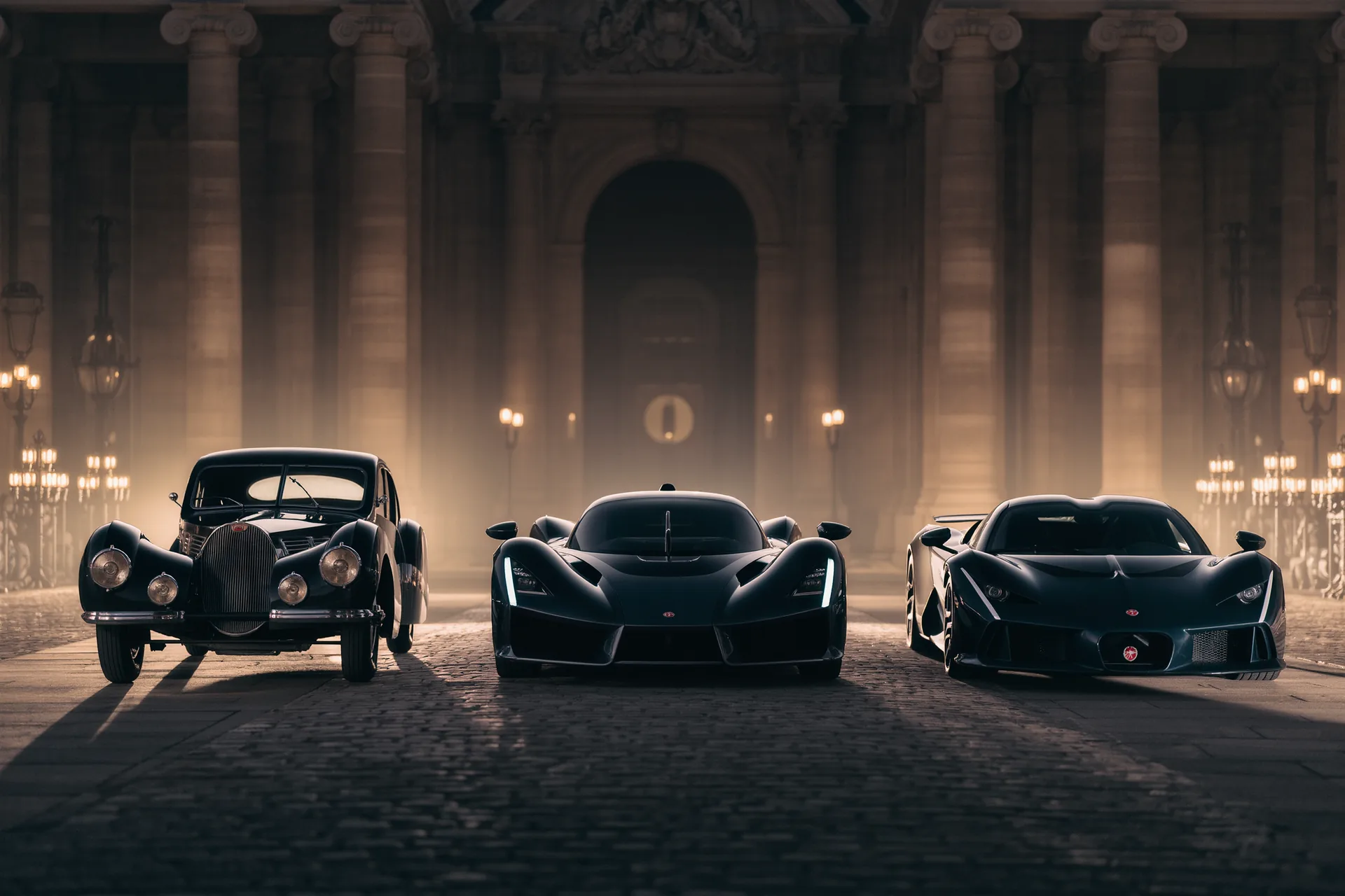 Trois silhouettes automobiles alignées, du coupé grand tourisme à l'hypercar aérodynamique.
