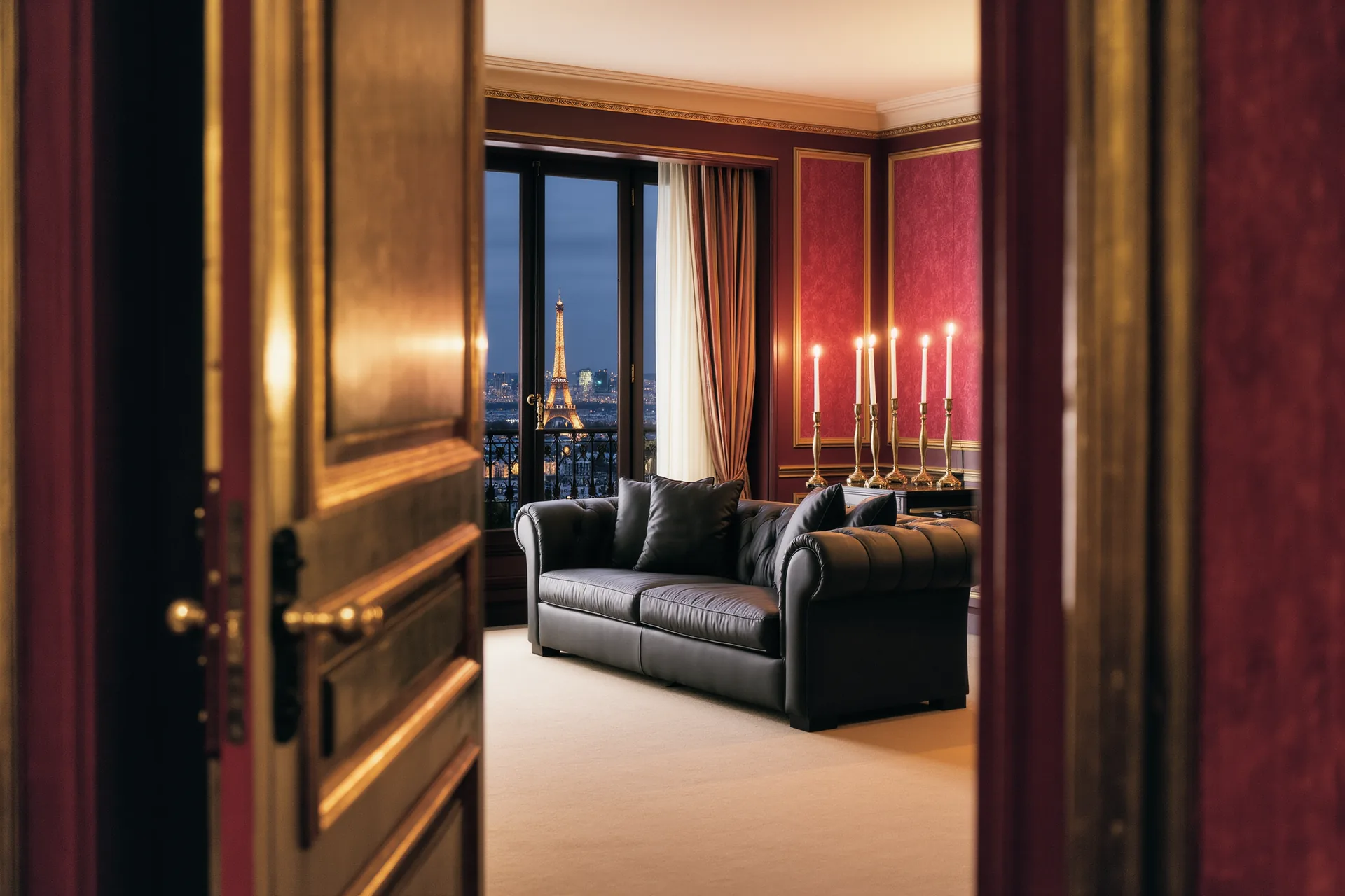 Salon d'une suite d'hôtel baigné de lumière douce, entre canapé feutré et porte entrouverte.