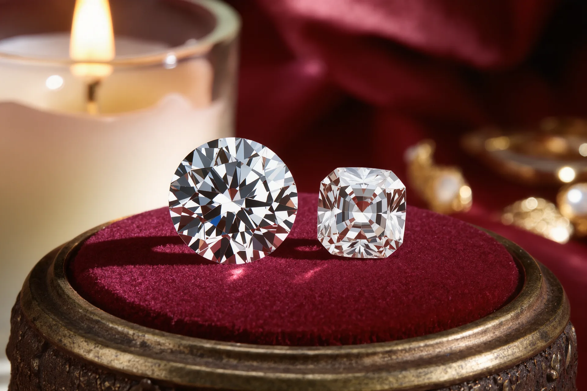 Gros plan sur deux diamants taillés, l'un extrait, l'autre cultivé en laboratoire, côte à côte