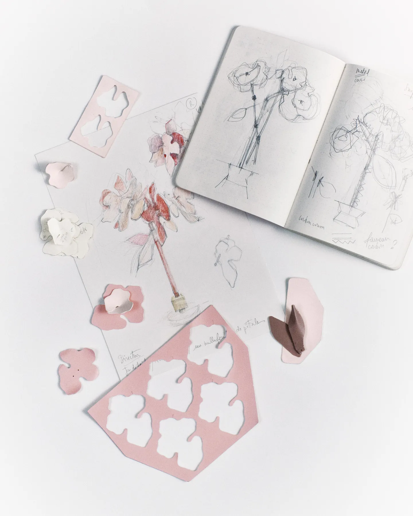 Croquis de rose et pétales en cuir découpés, travail préparatoire de la rose Parfums Christian Dior