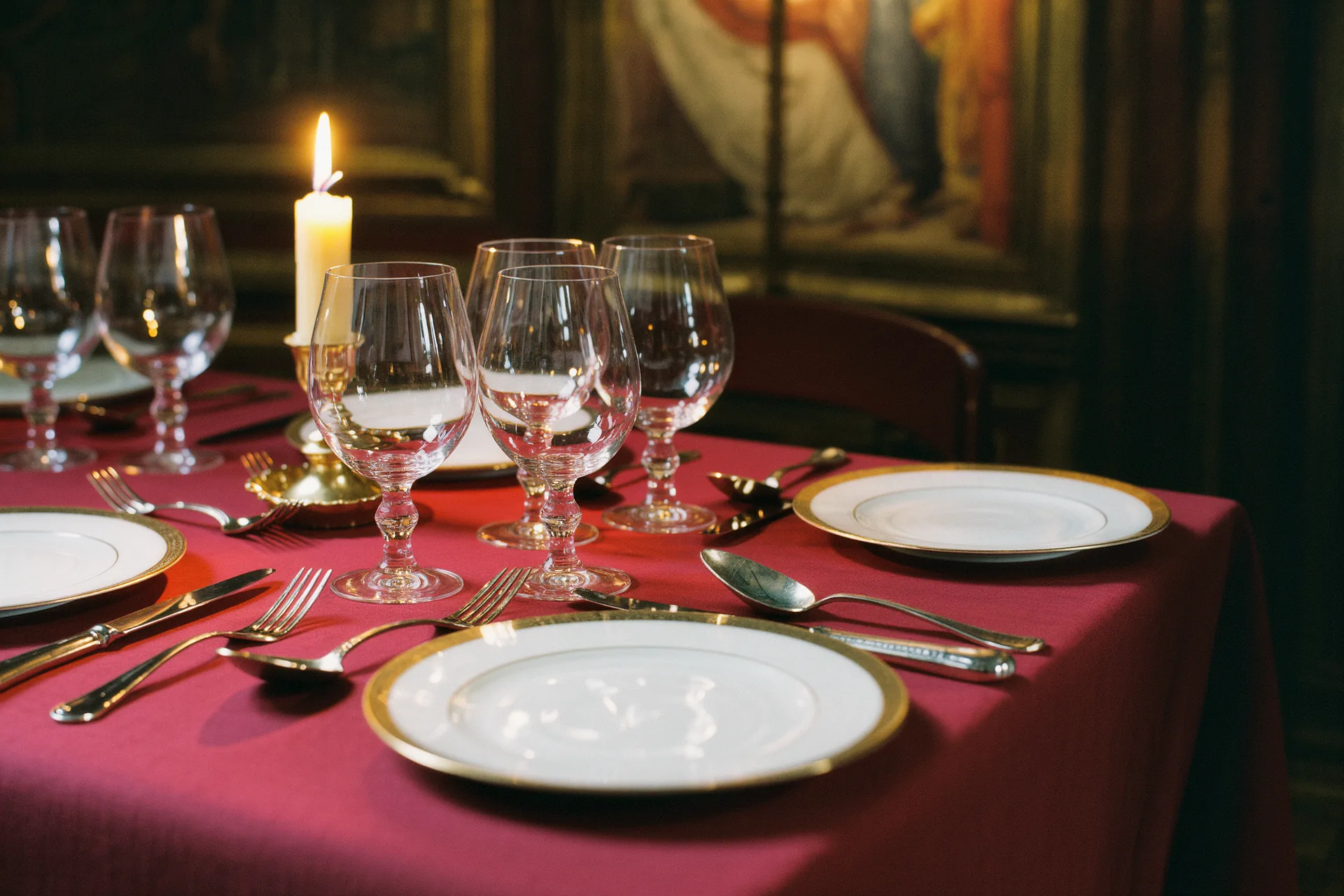 Table dressée avec assiettes, couverts en argent et verres à pied alignés avec précision