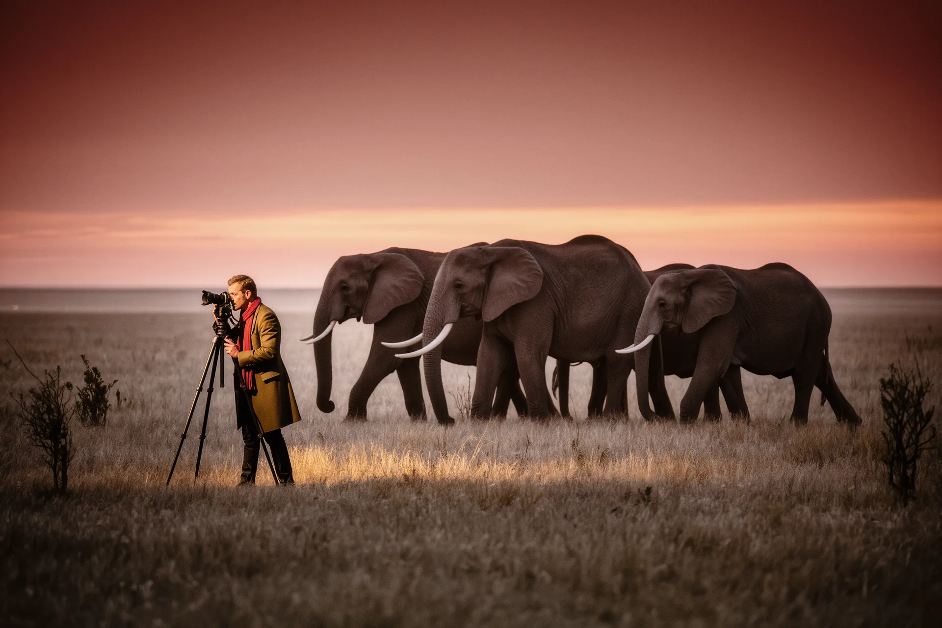 Photographe animalier observant un troupeau d'éléphants sur la savane au lever du soleil