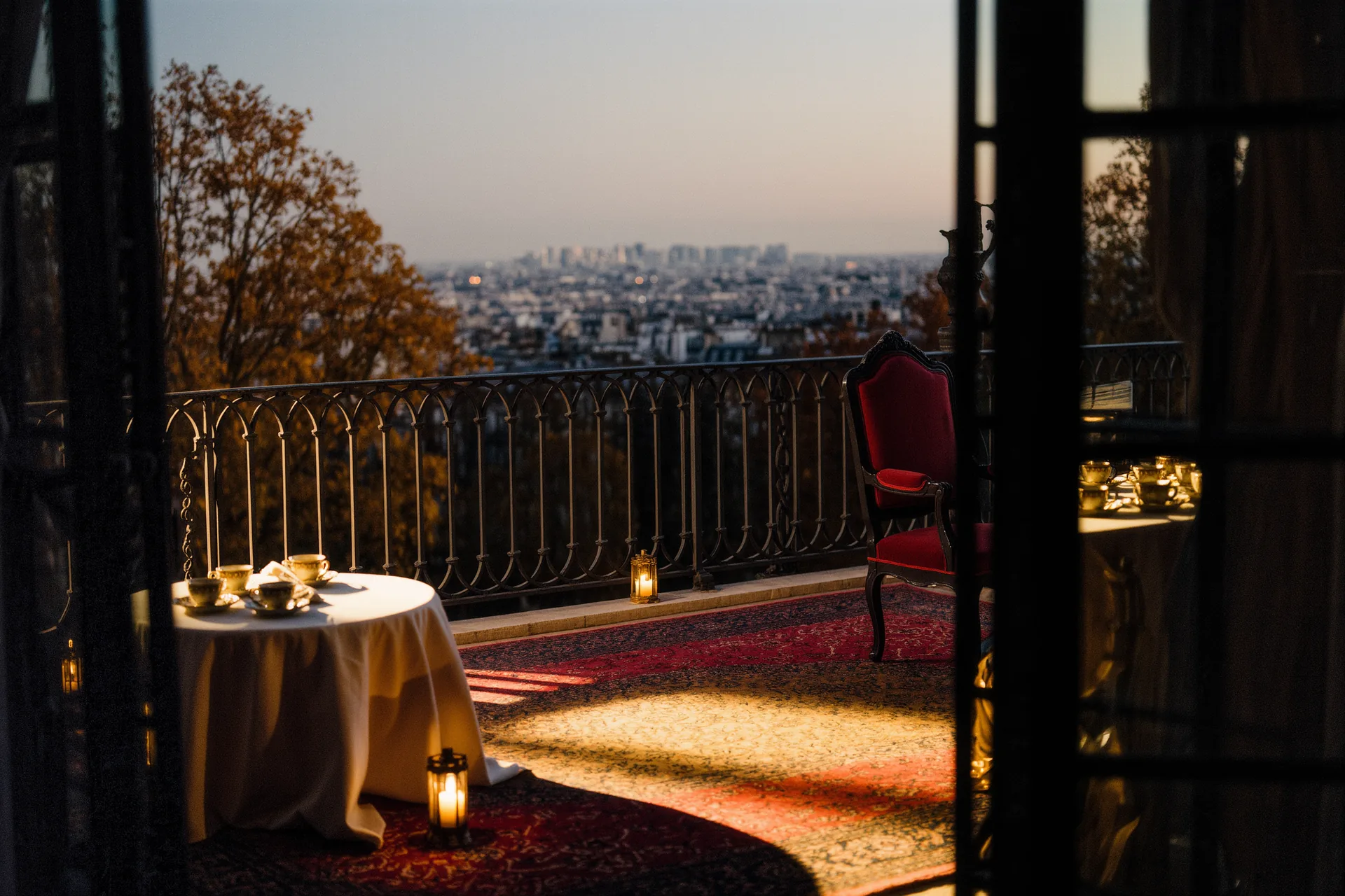 Terrasse méditerranéenne déserte à la lumière rasante d'un après-midi d'automne