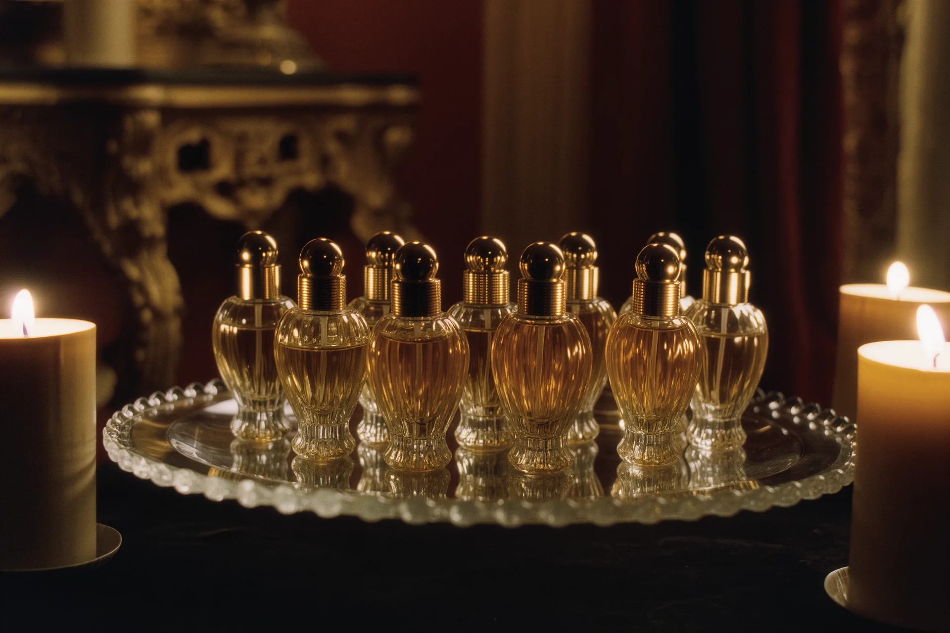 Flacons de parfum ambrés alignés en lumière douce sur un plateau de verre