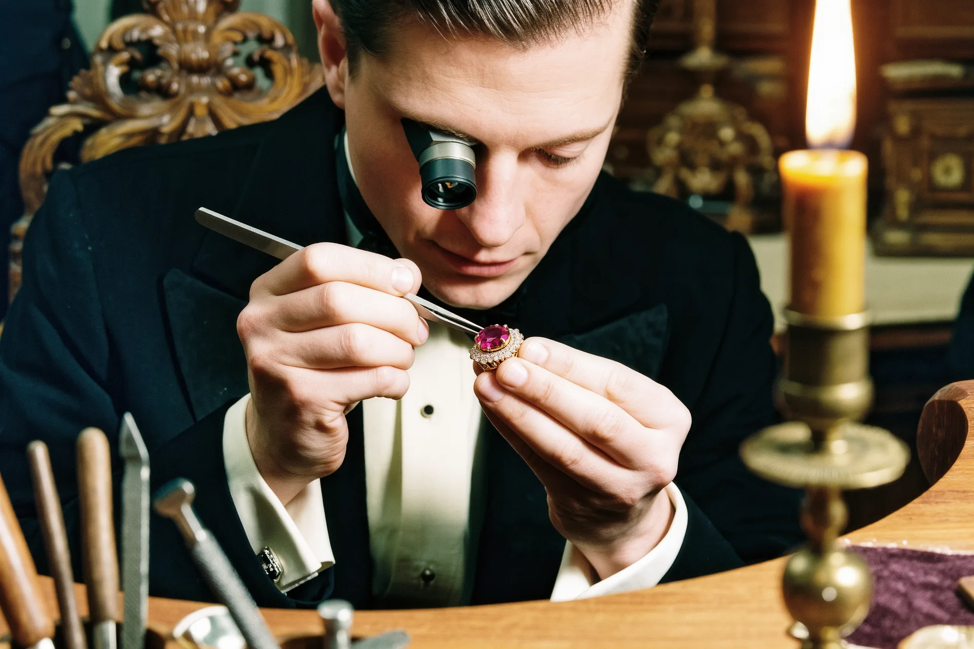 Mains de sertisseur travaillant une bague sous loupe binoculaire, outils de précision alignés