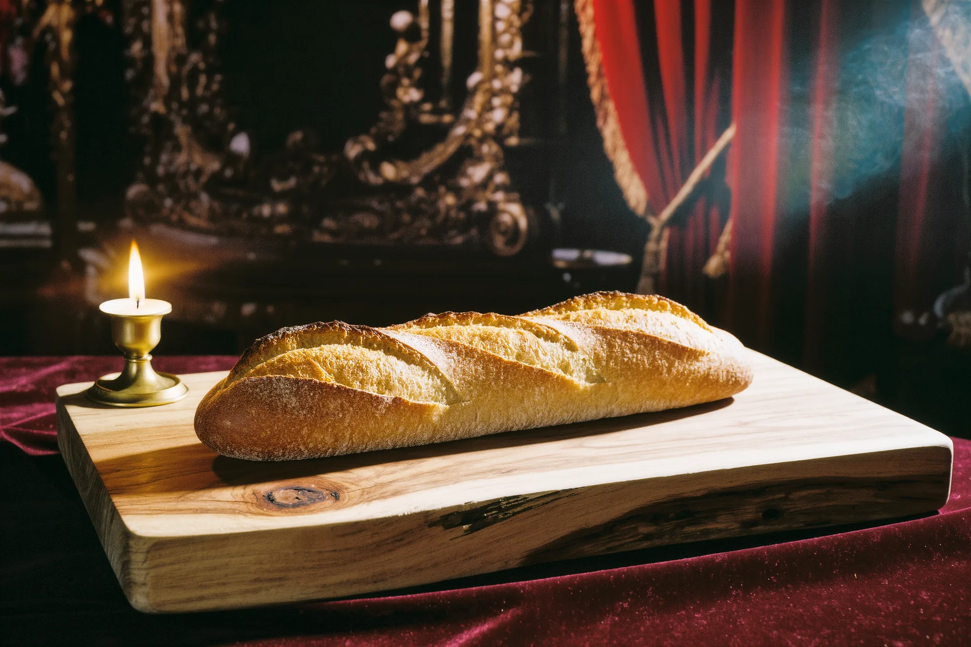 Baguette de tradition à la croûte craquelée et à l'alvéolage irrégulier, posée sur bois brut