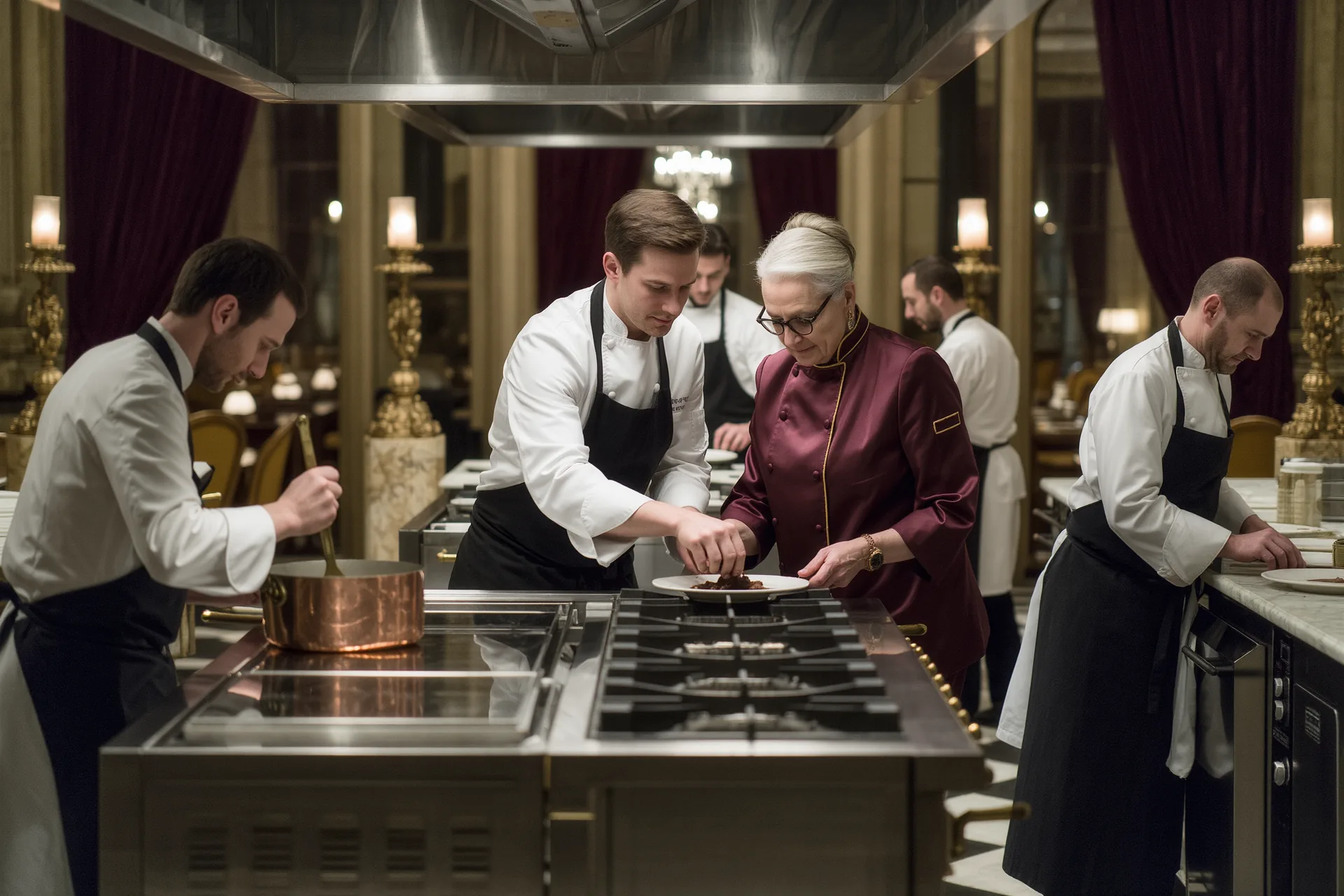 Cuisine professionnelle en plein service, brigade organisée autour du pass et des fourneaux.