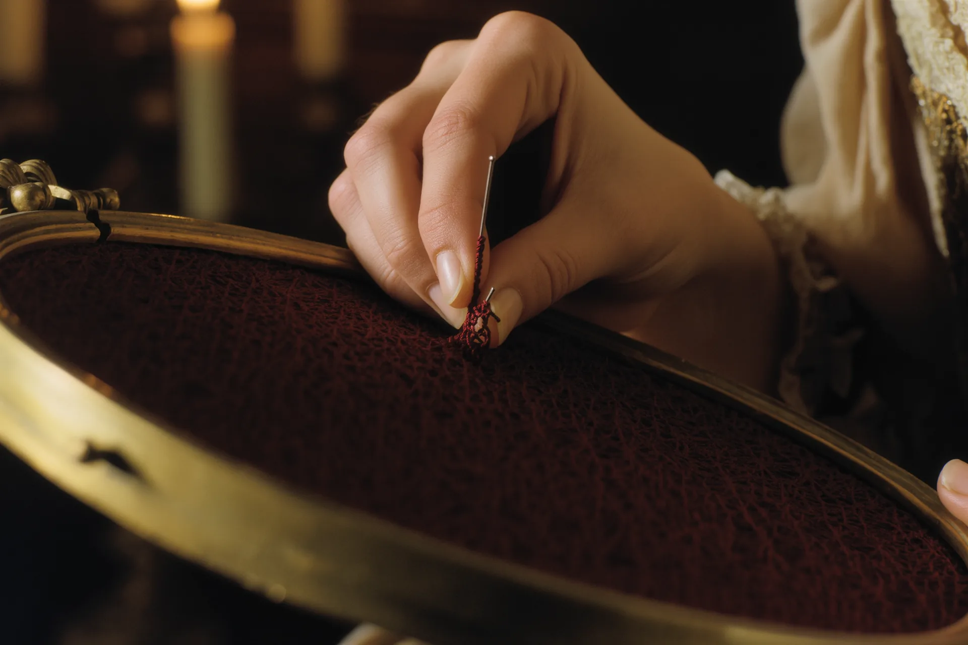 Gros plan sur une main brodant au crochet un tissu tendu sur un tambour.