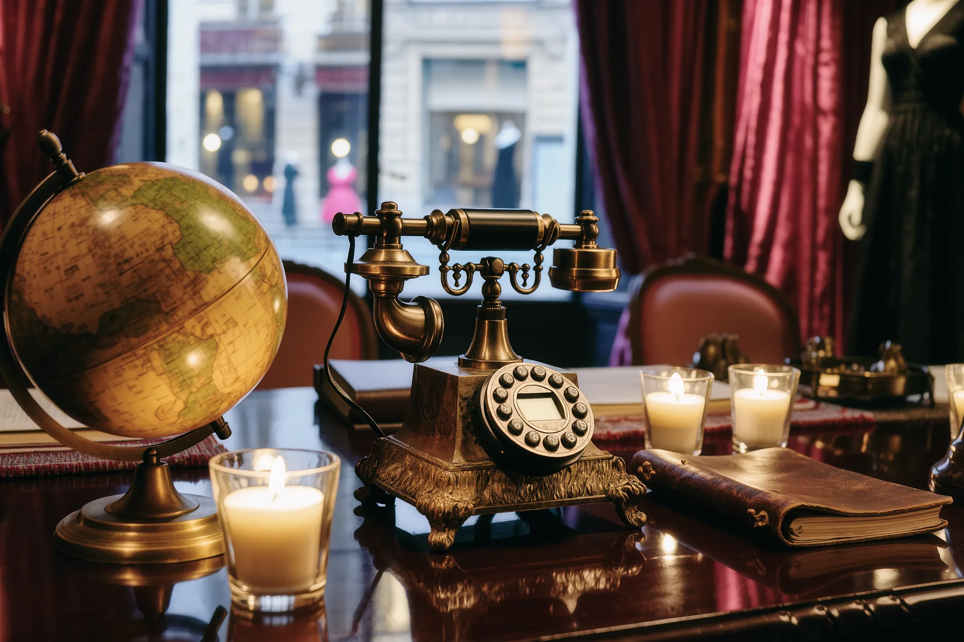 Bureau feutré de conciergerie privée, téléphone ancien, carnet de cuir et globe terrestre patiné