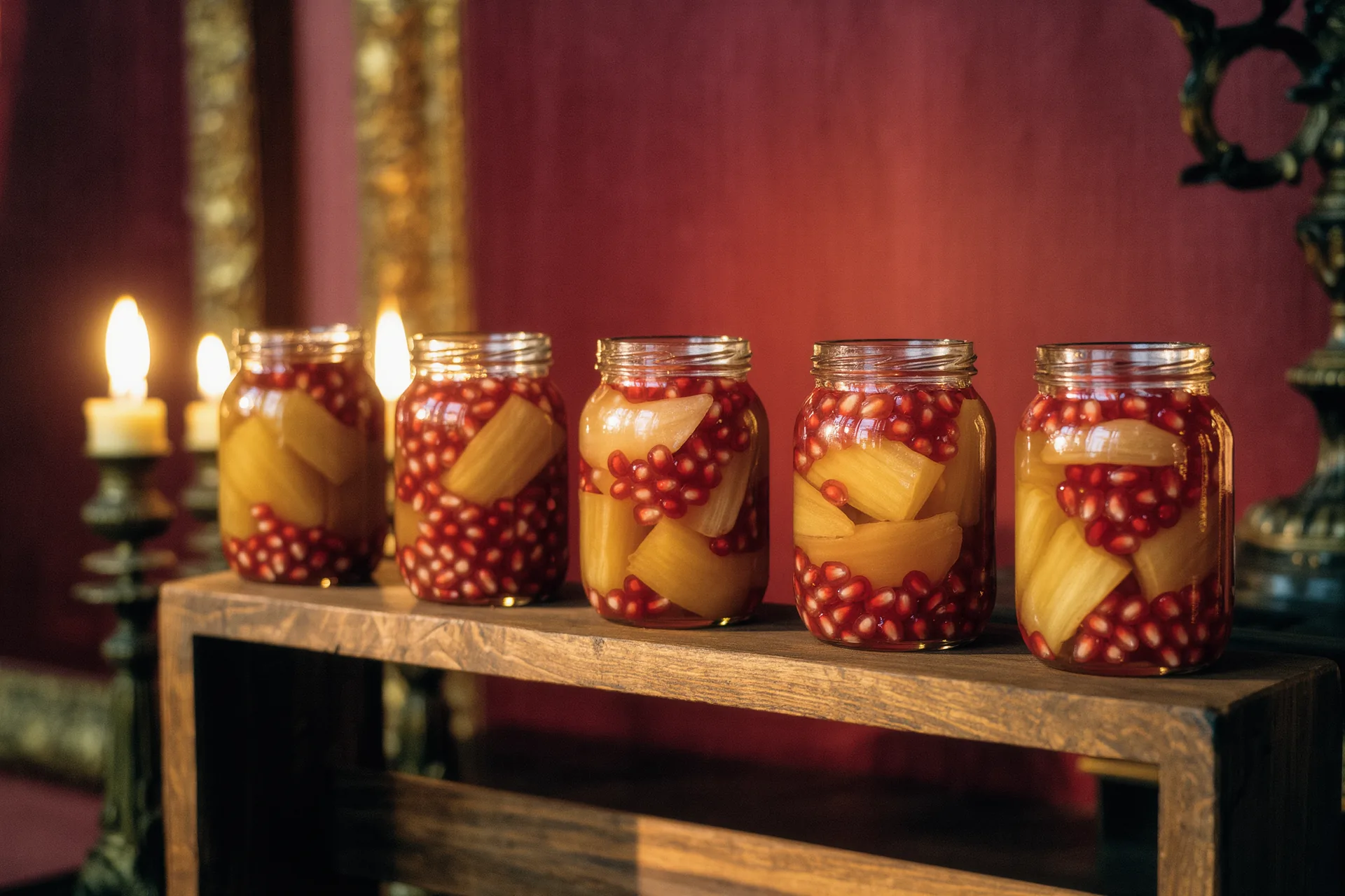 Bocaux de légumes lacto-fermentés alignés sur une étagère en bois sombre