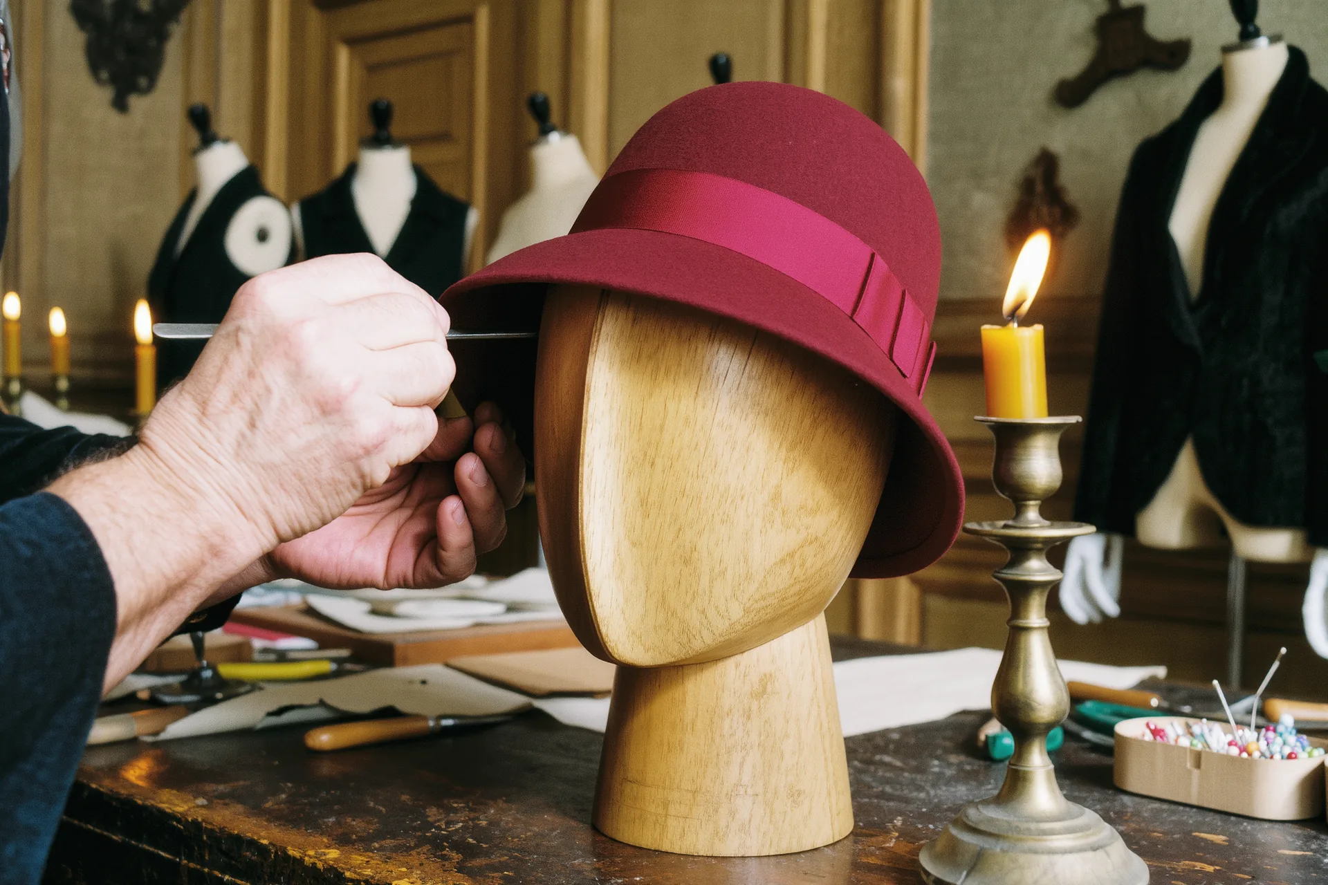 Chapeau de feutre en cours de blocage sur une tête de bois en atelier