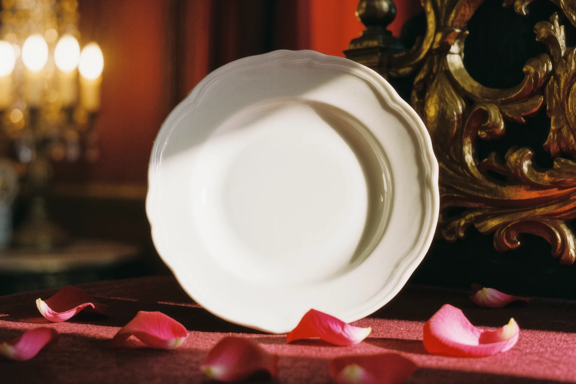 Gros plan sur une assiette en porcelaine blanche, lumière rasante révélant sa translucidité