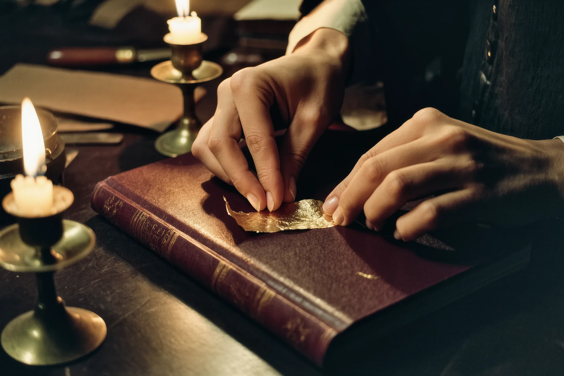 Mains gantées appliquant une feuille d'or sur le plat d'une reliure en cuir