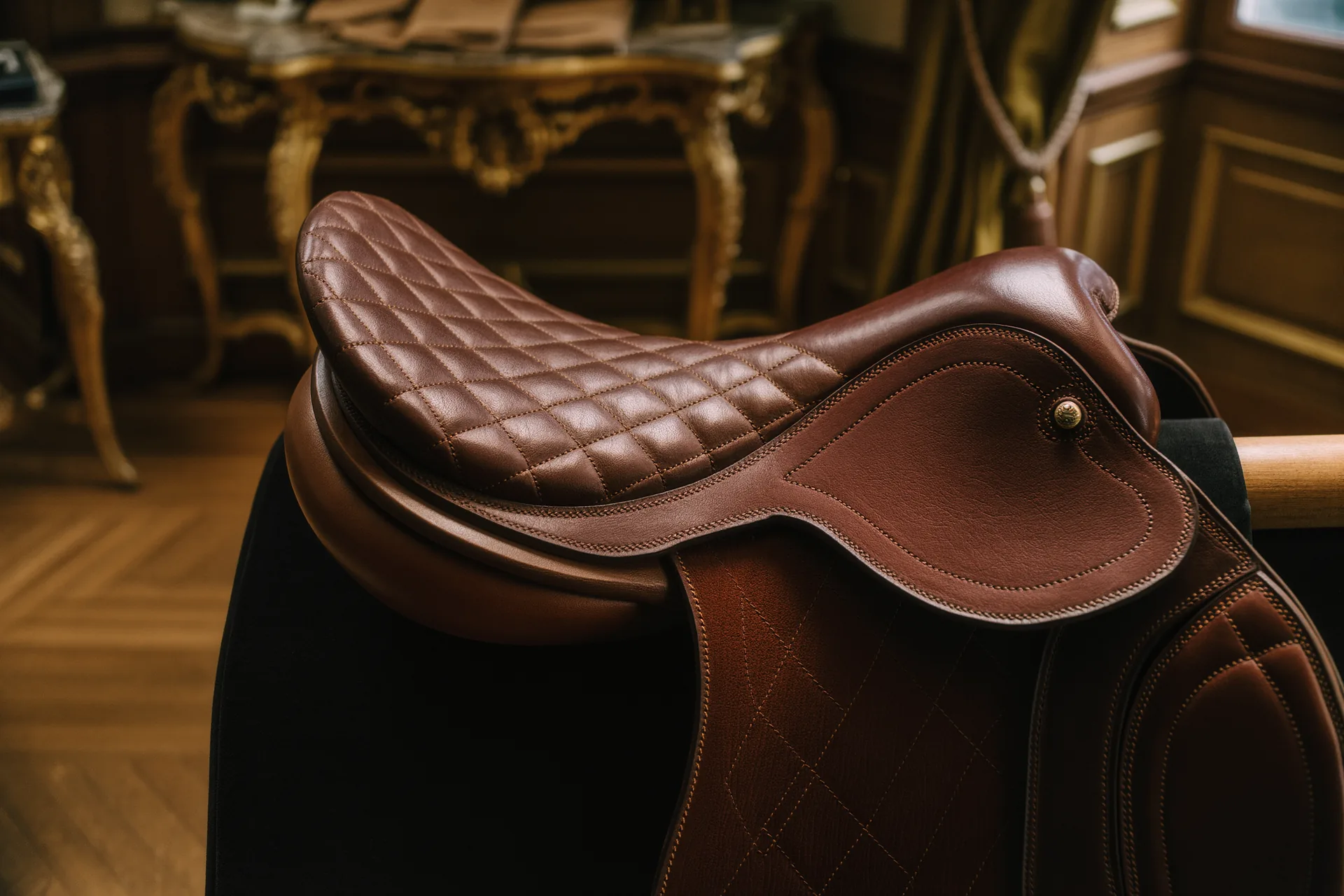 Gros plan sur une sellerie cuir cousue main, point sellier et matelassage en losanges.