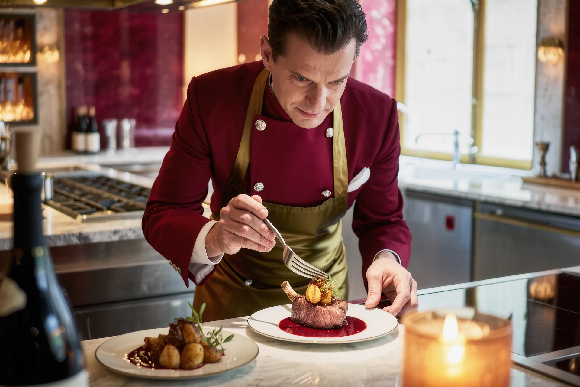 Mains de chef dressant une assiette signature dans une cuisine baignée de lumière naturelle