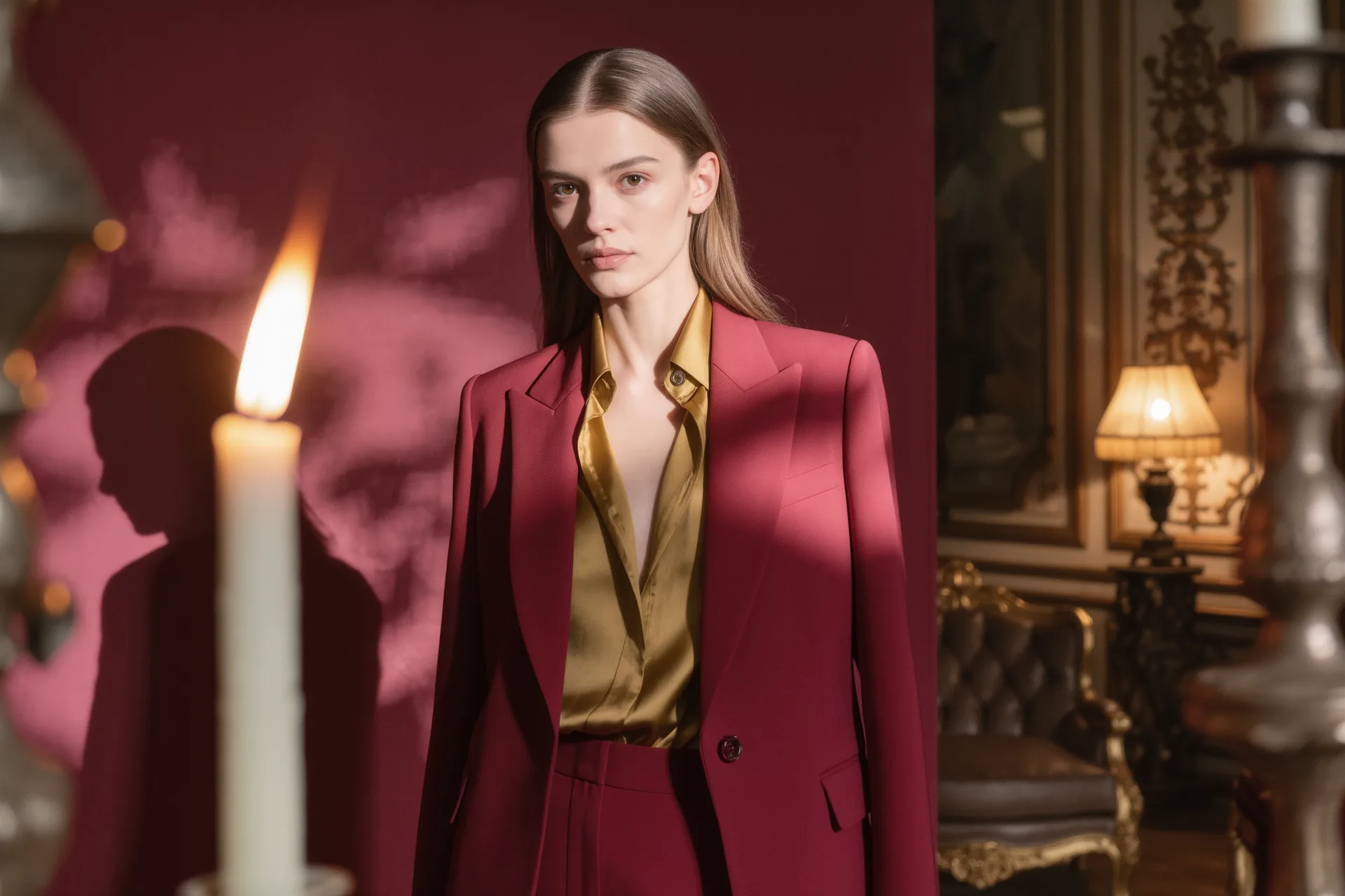 Silhouette féminine en tailleur cintré, jeu d'ombre soulignant la ligne de taille structurée