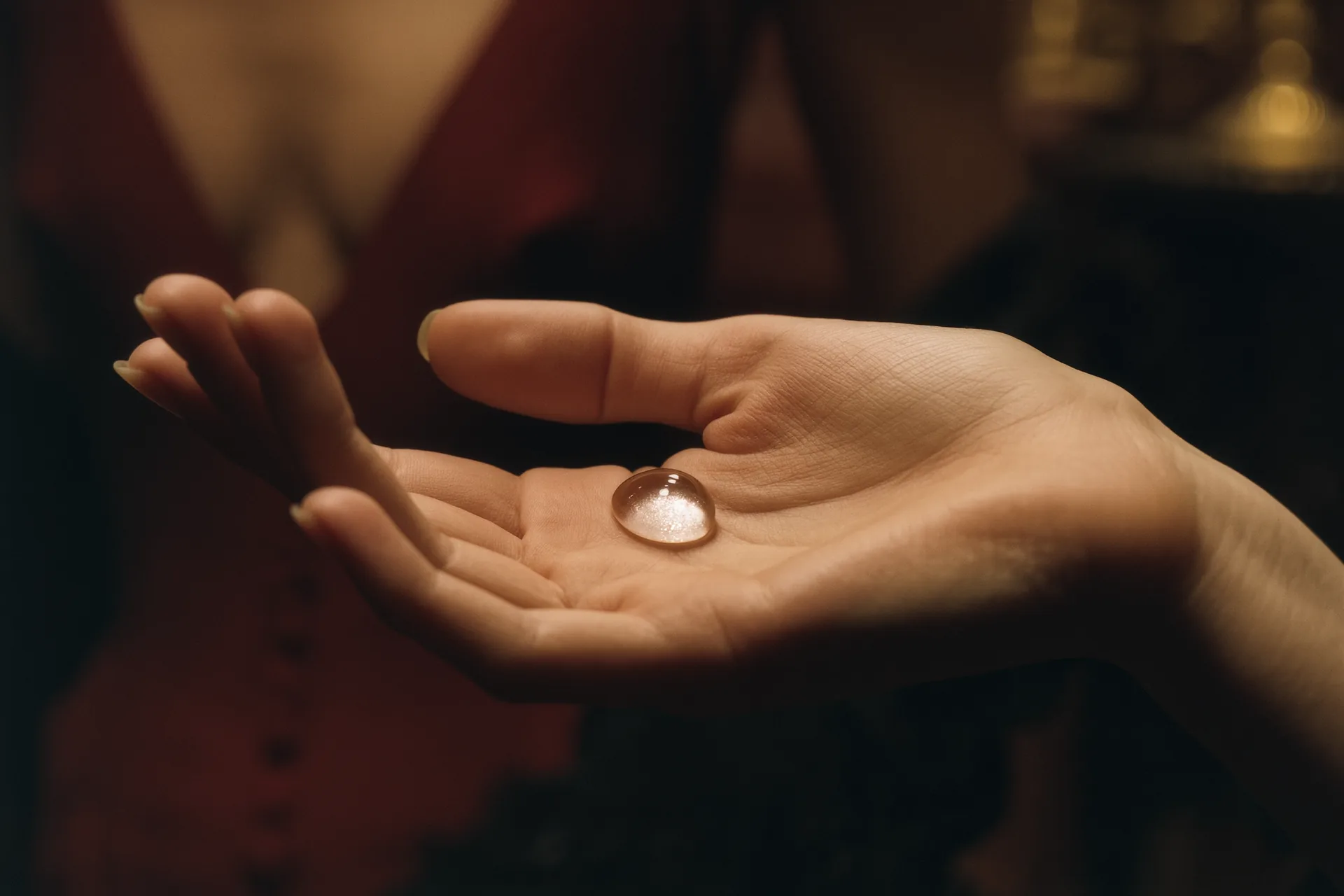 Gros plan sur une goutte de sérum transparent perlant au creux d'une main