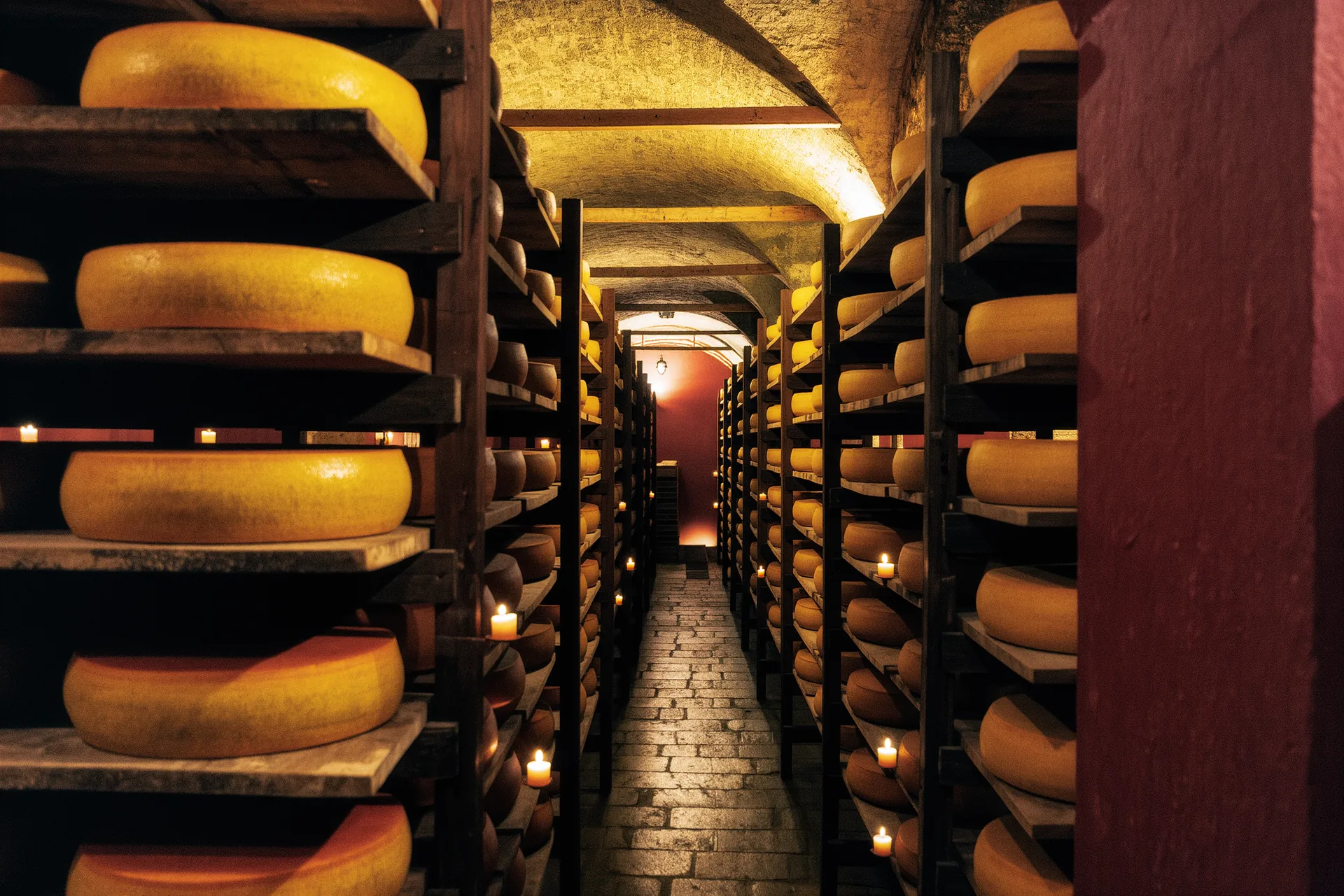 Rangées de meules de fromage vieillissant sur des clayettes de bois en cave voûtée.