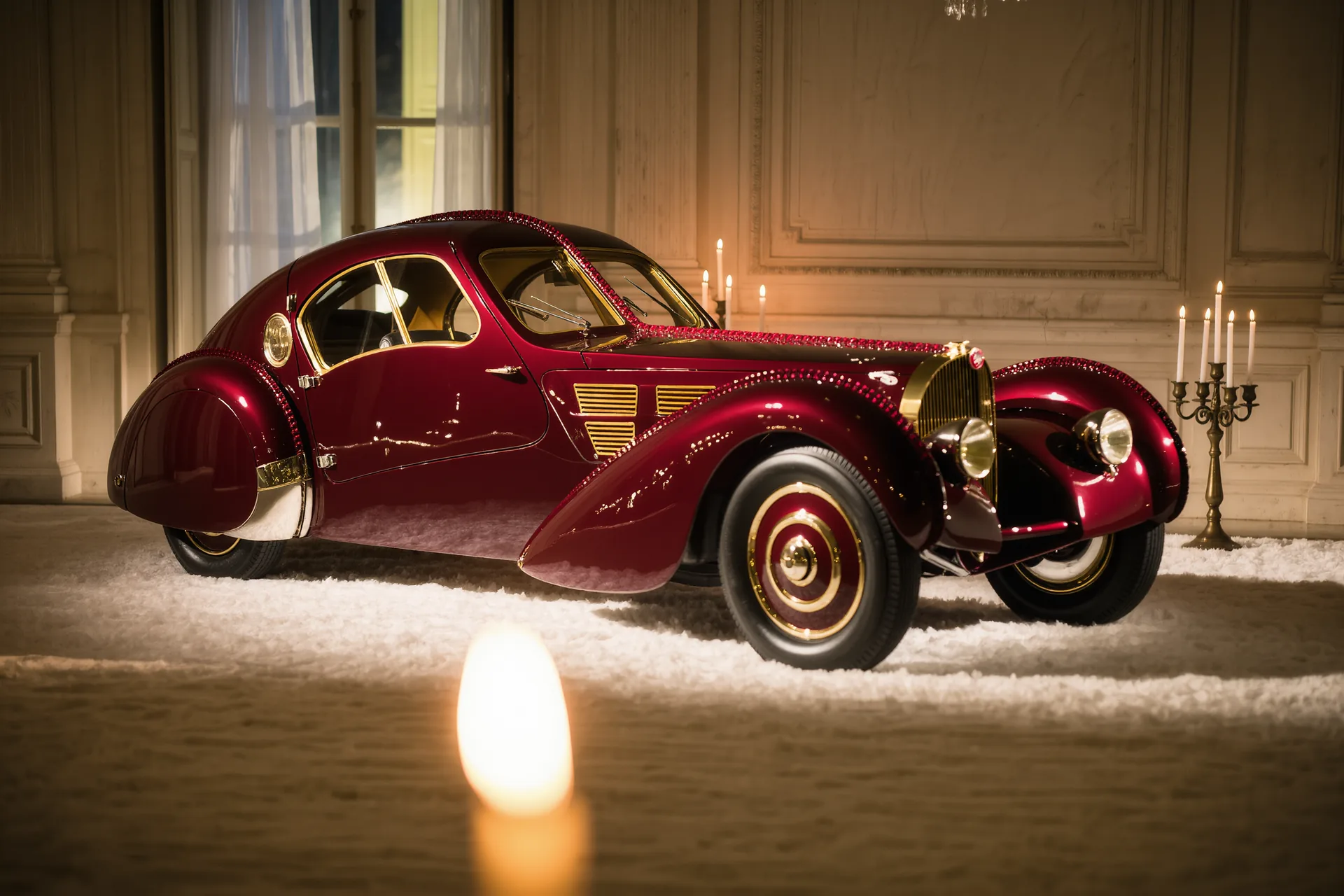Silhouette élégante d'une automobile ancienne à la carrosserie sculptée, dans un atelier feutré