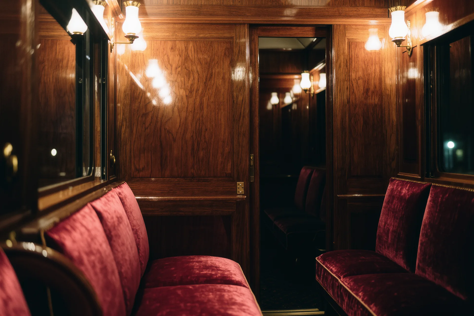 Compartiment de train de nuit d'époque avec boiseries, velours et lumière tamisée du soir