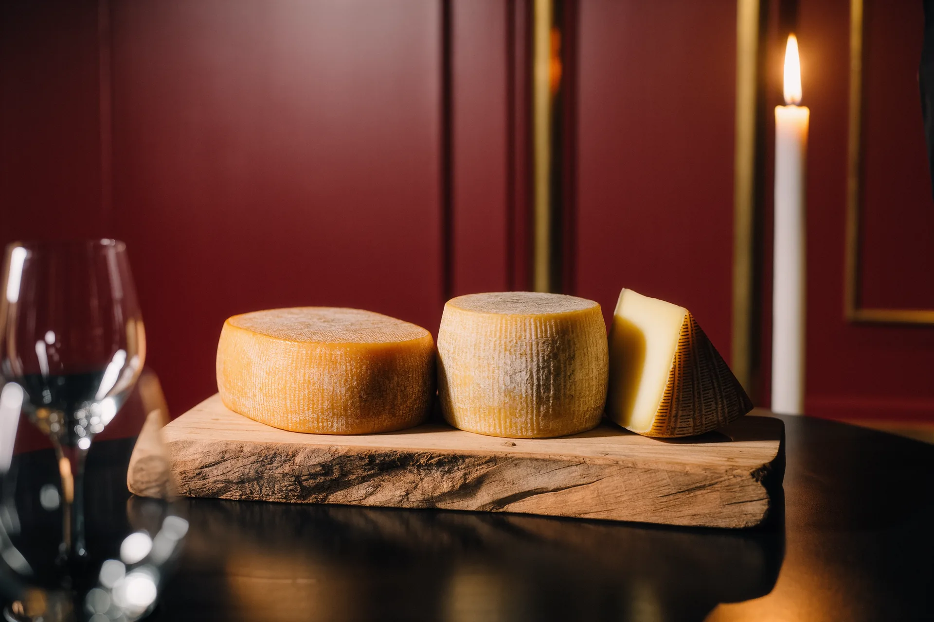 Trois meules de fromage affinées côte à côte sur un plateau en bois brut