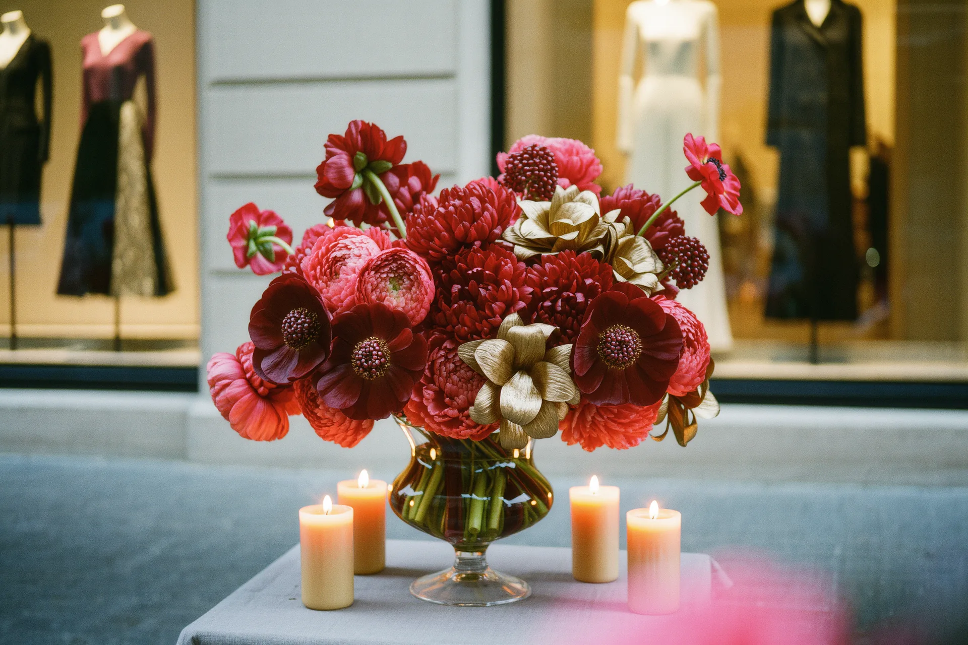 Bouquet de fleurs coupées dans un vase en verre, lumière naturelle et fond neutre
