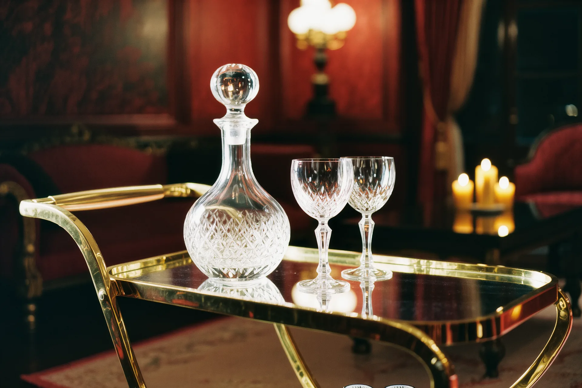 Chariot à bar en laiton, carafes en cristal et verres alignés dans un salon feutré.