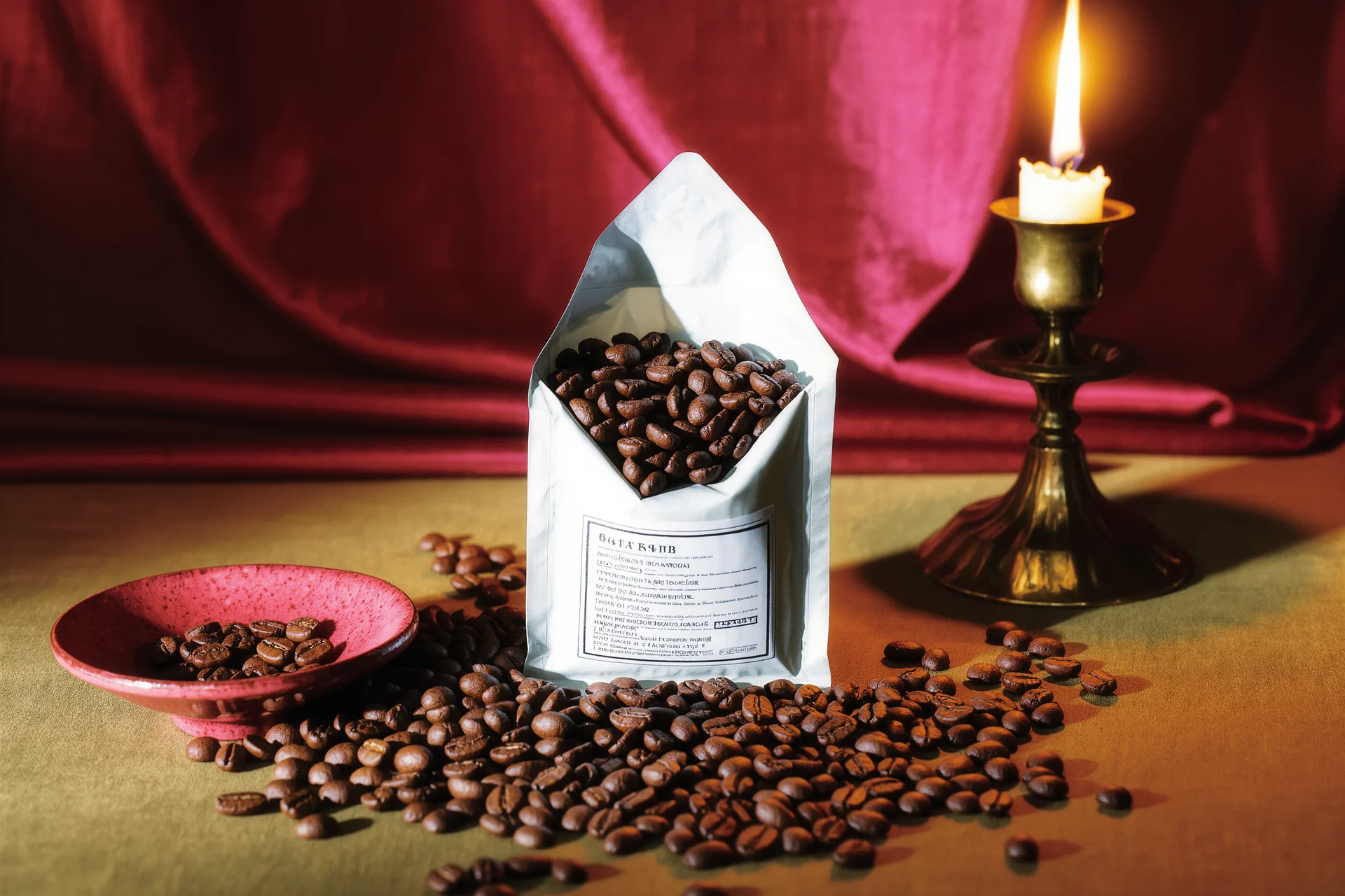 Sachet de café de spécialité ouvert, grains torréfiés et étiquette d'origine visibles.