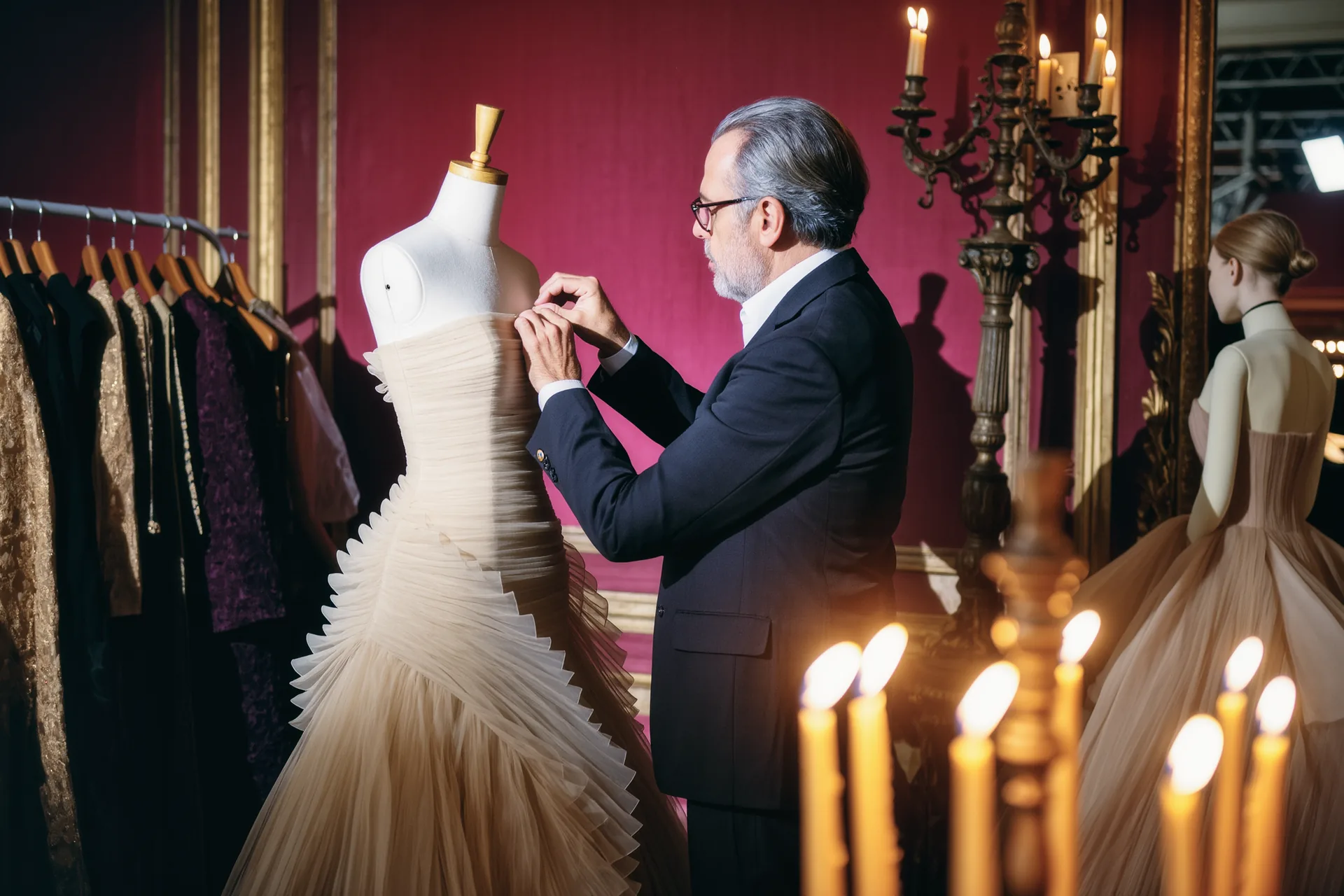Mains d'une couturière ajustant un drapé de mousseline sur un buste de couture