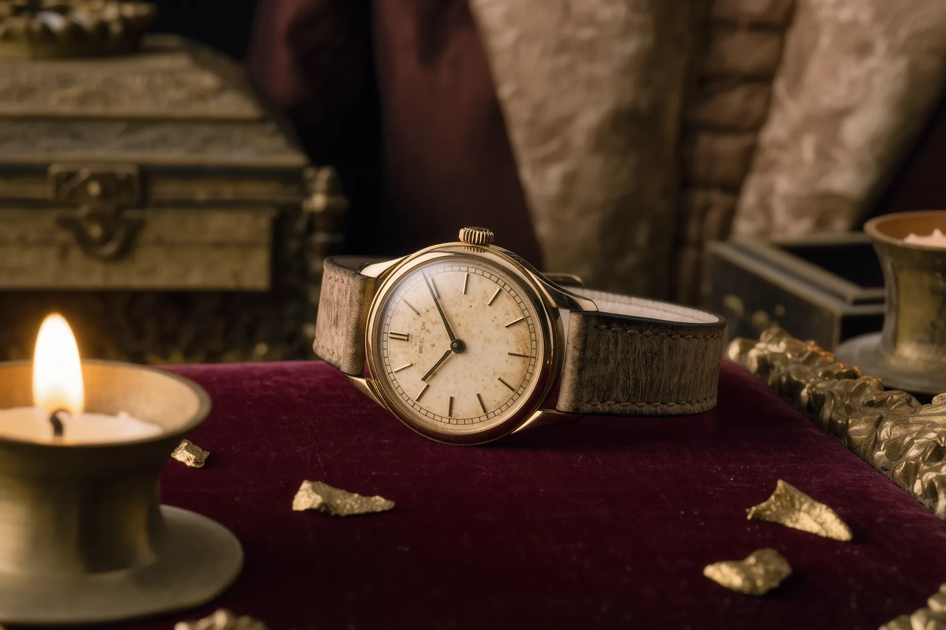 Montre au boîtier doré, cadran crème patiné et bracelet en cuir vieilli.