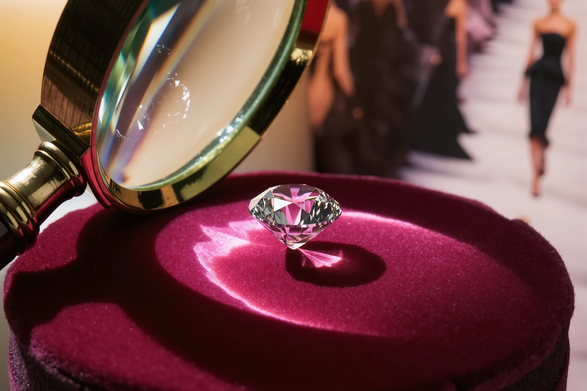 Diamant taillé observé à la loupe, inclusions naturelles visibles sous lumière rasante