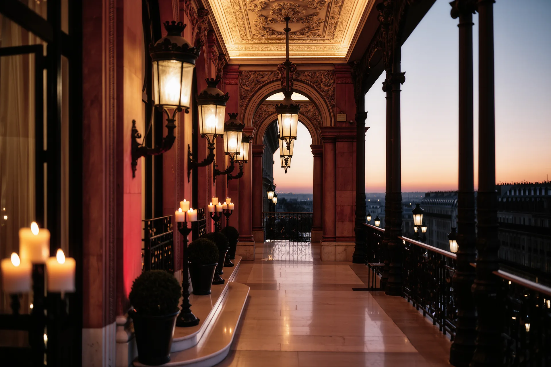 Façade cossue d'un grand hôtel parisien au crépuscule, entrée éclairée et discrète élégance.