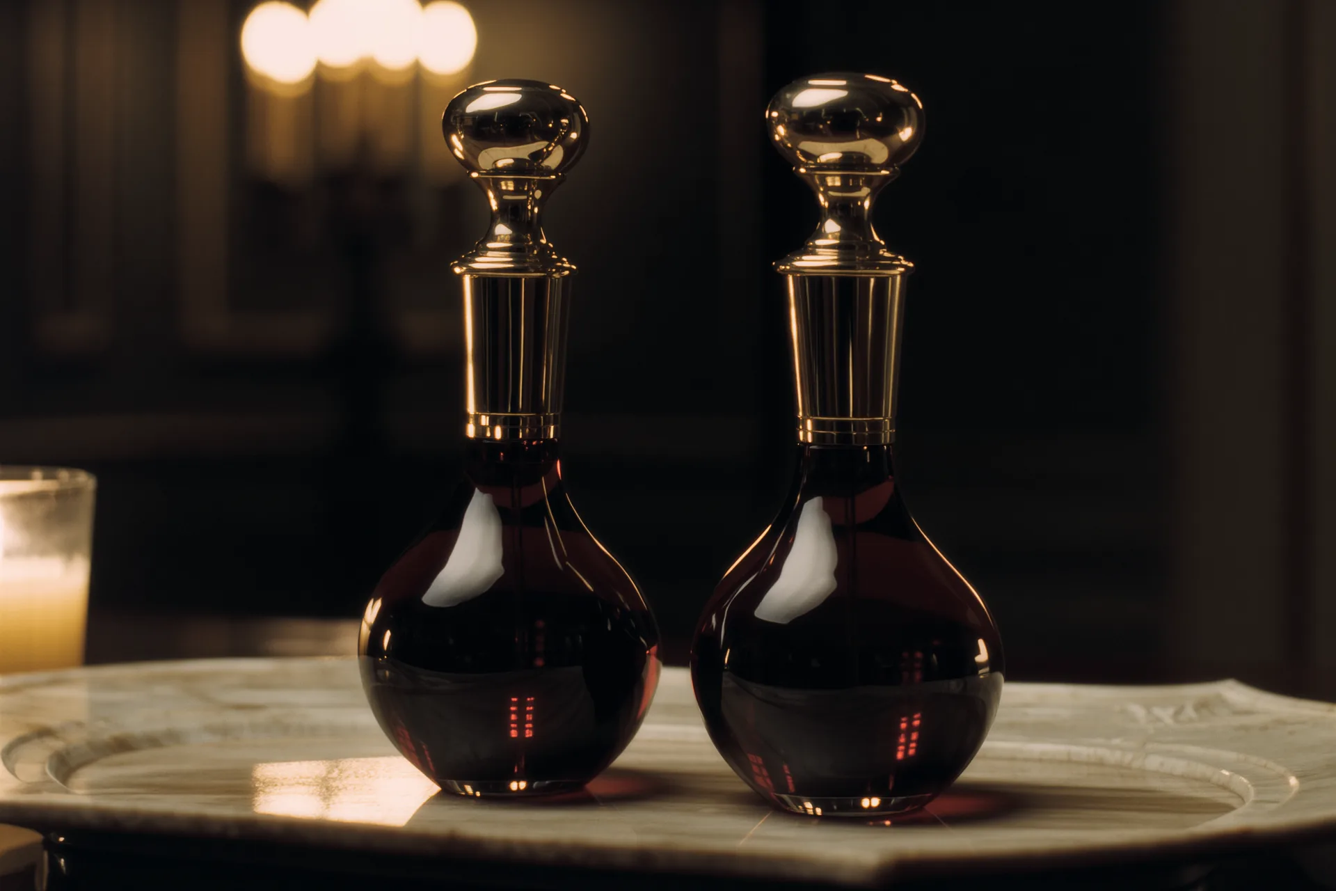 Deux flacons de parfum posés côte à côte sur un plateau de marbre