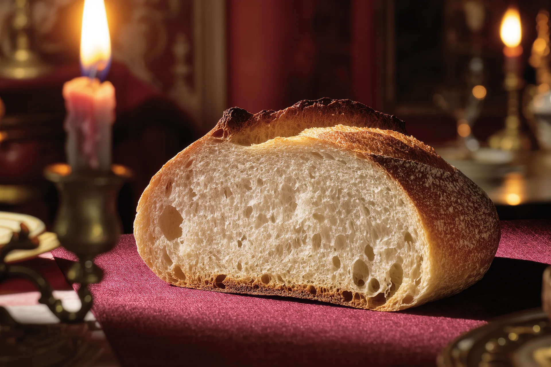 Gros plan sur une miche de pain au levain tranchée, croûte dorée et mie alvéolée.