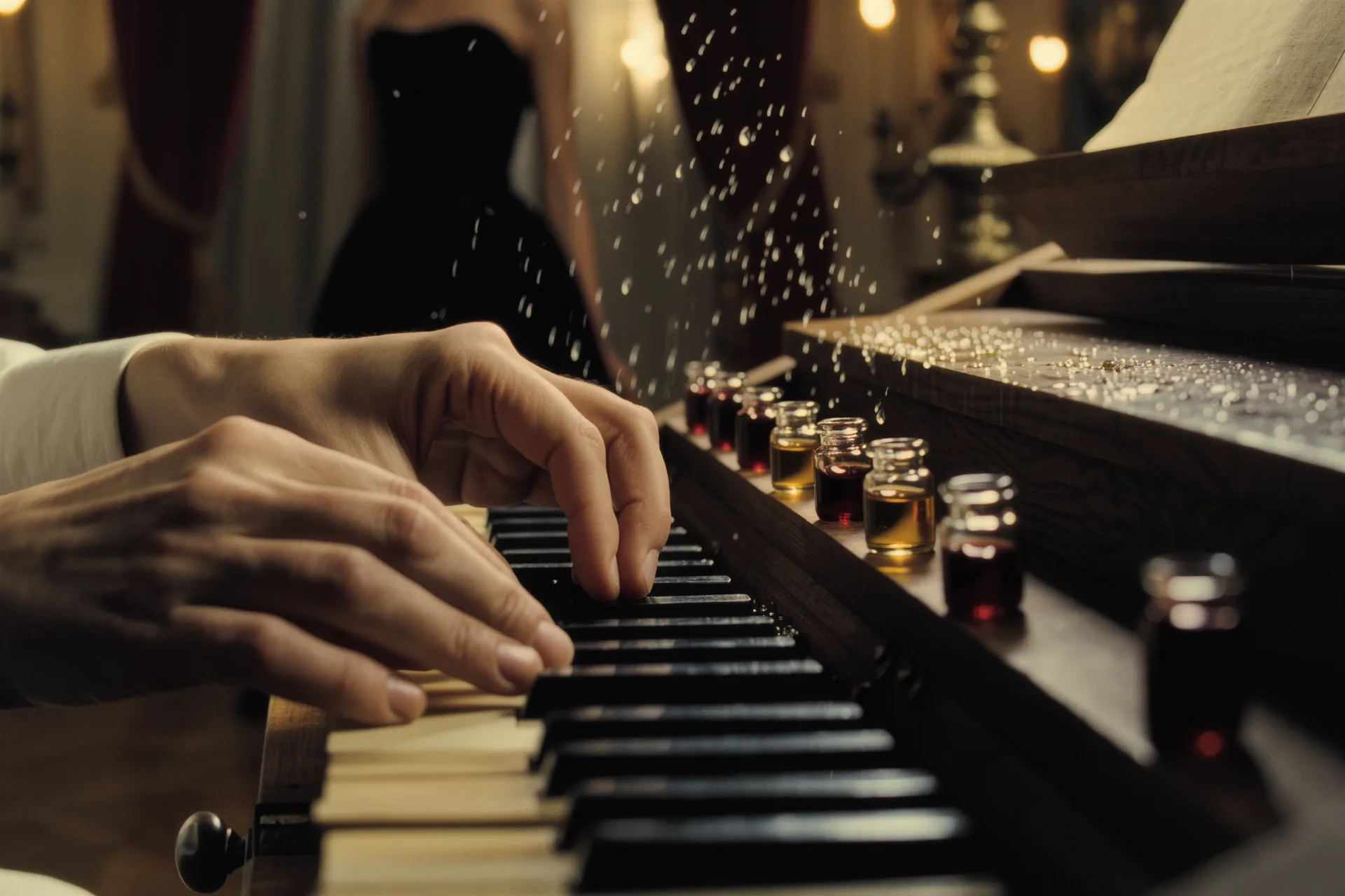 Portrait en gros plan des mains d'un parfumeur composant devant son orgue à parfums.