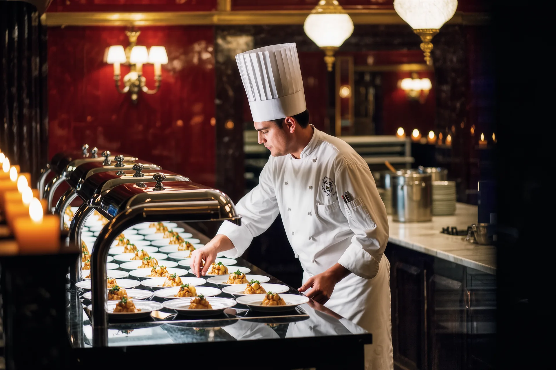 Chef expéditeur au passe, assiettes alignées sous les lampes chauffantes en cuisine