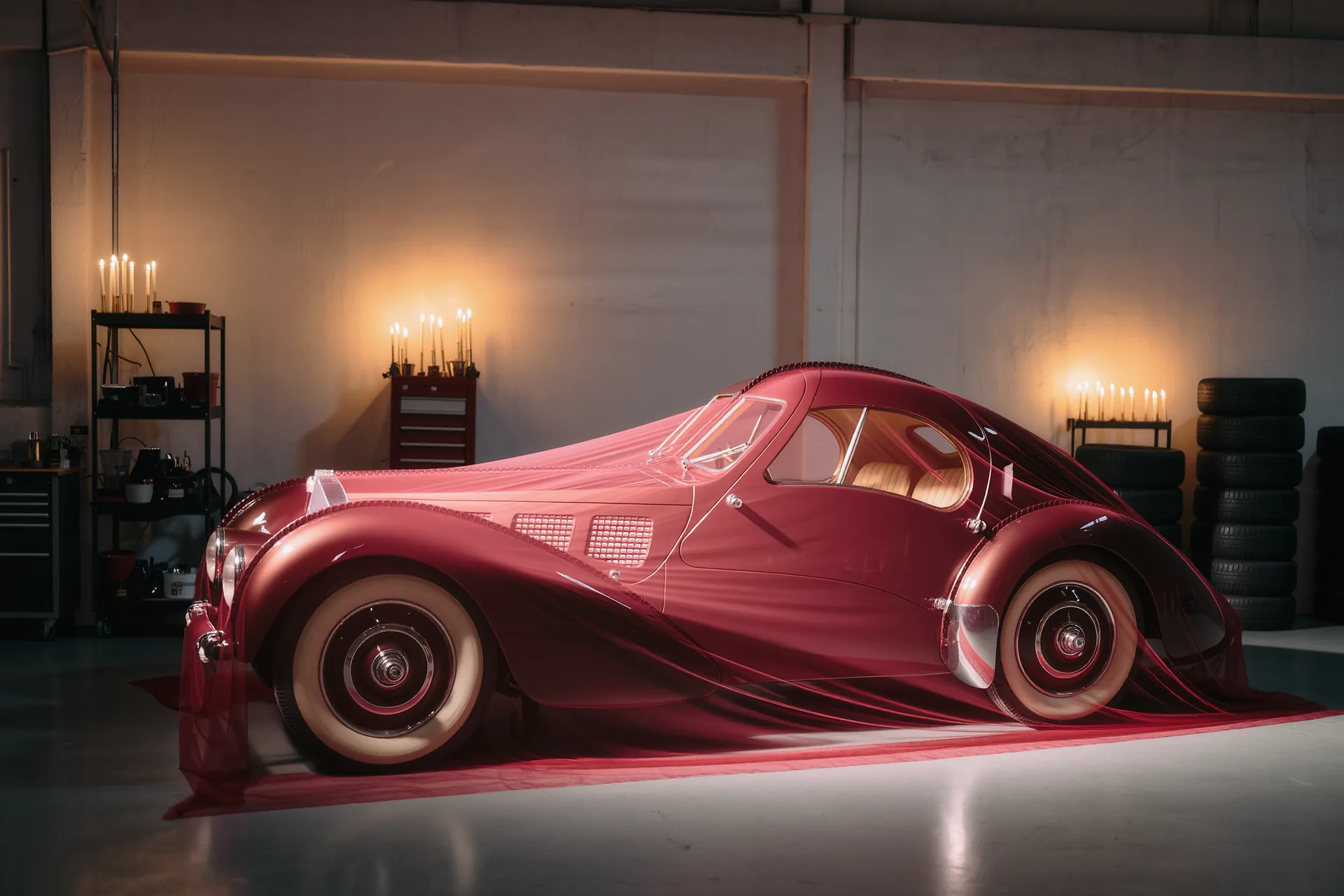 Automobile de collection recouverte d'une housse respirante dans un garage climatisé en hiver