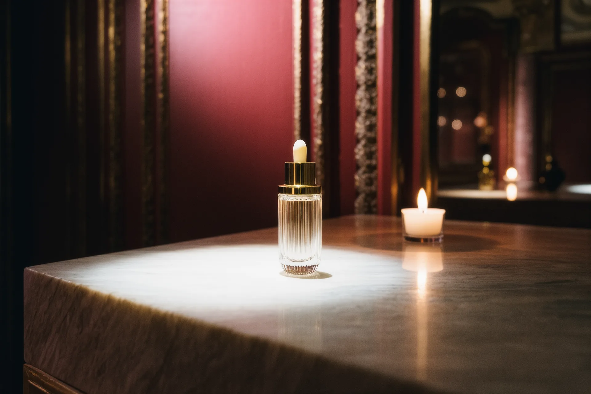 Flacon de sérum au rétinol posé sur une surface en marbre clair, lumière douce