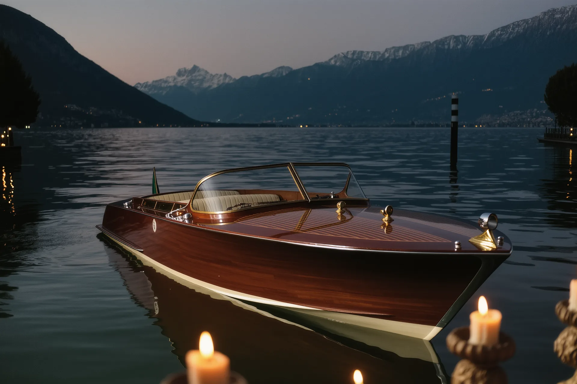 Runabout en acajou verni amarré au ponton d'un lac de montagne au crépuscule