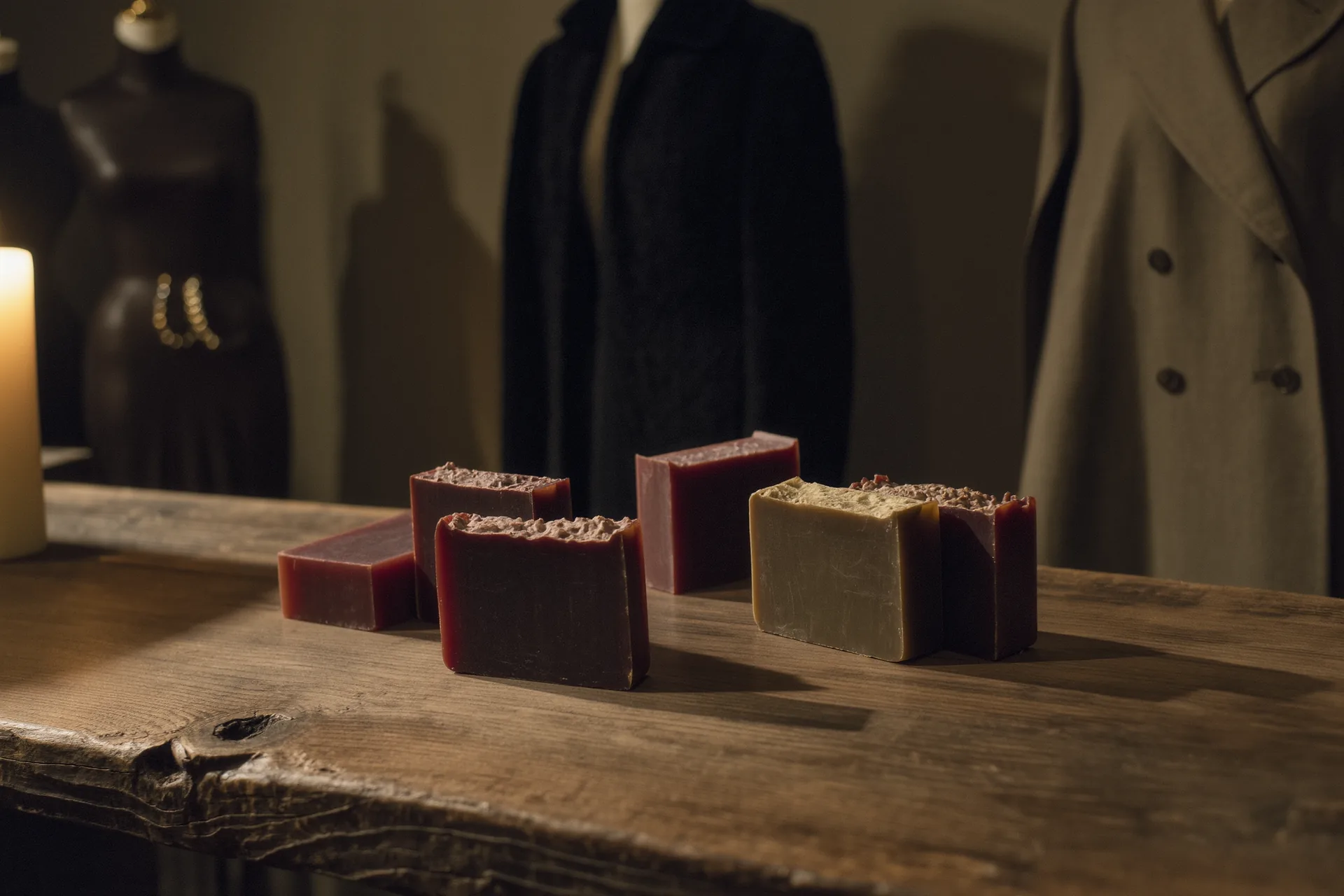 Pains de savon artisanaux saponifiés à froid, reposant sur un plan de bois brut.