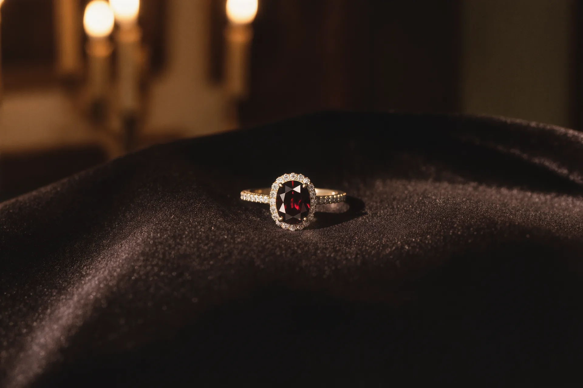 Gros plan sur une bague solitaire en diamant posée sur un tissu sombre.