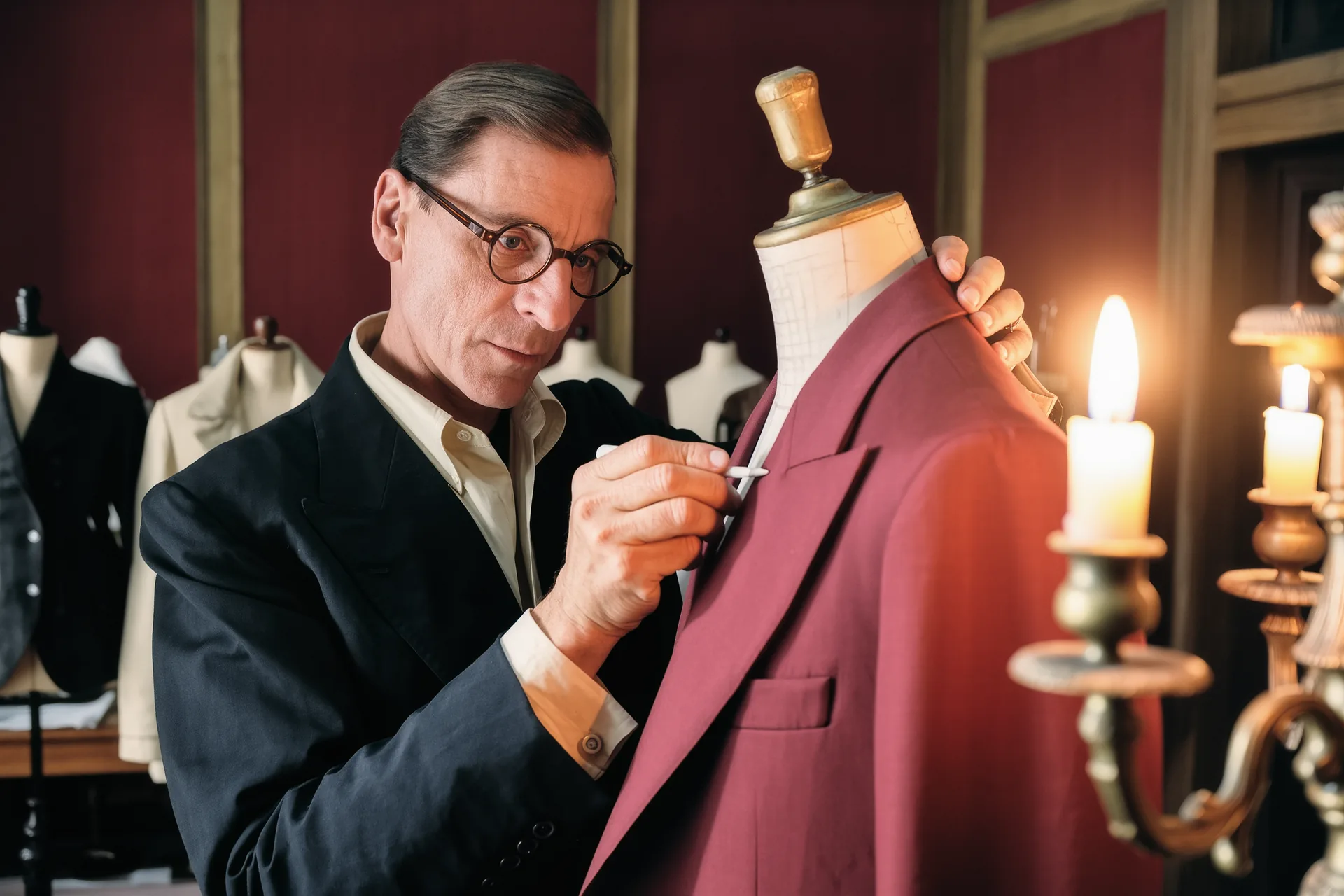 Un tailleur ajuste à la craie l'épaule d'une veste en cours de montage